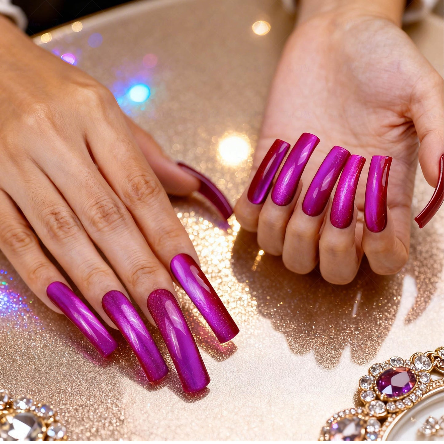 IntoVibes Purple Shimmer Press On Nails XL Handmade Curved Down Groove Design, Metallic Plum Long Nails, Reusable Fake Nail Tips, Salon Quality for Special Occasions, Square Acrylic Nails (L)