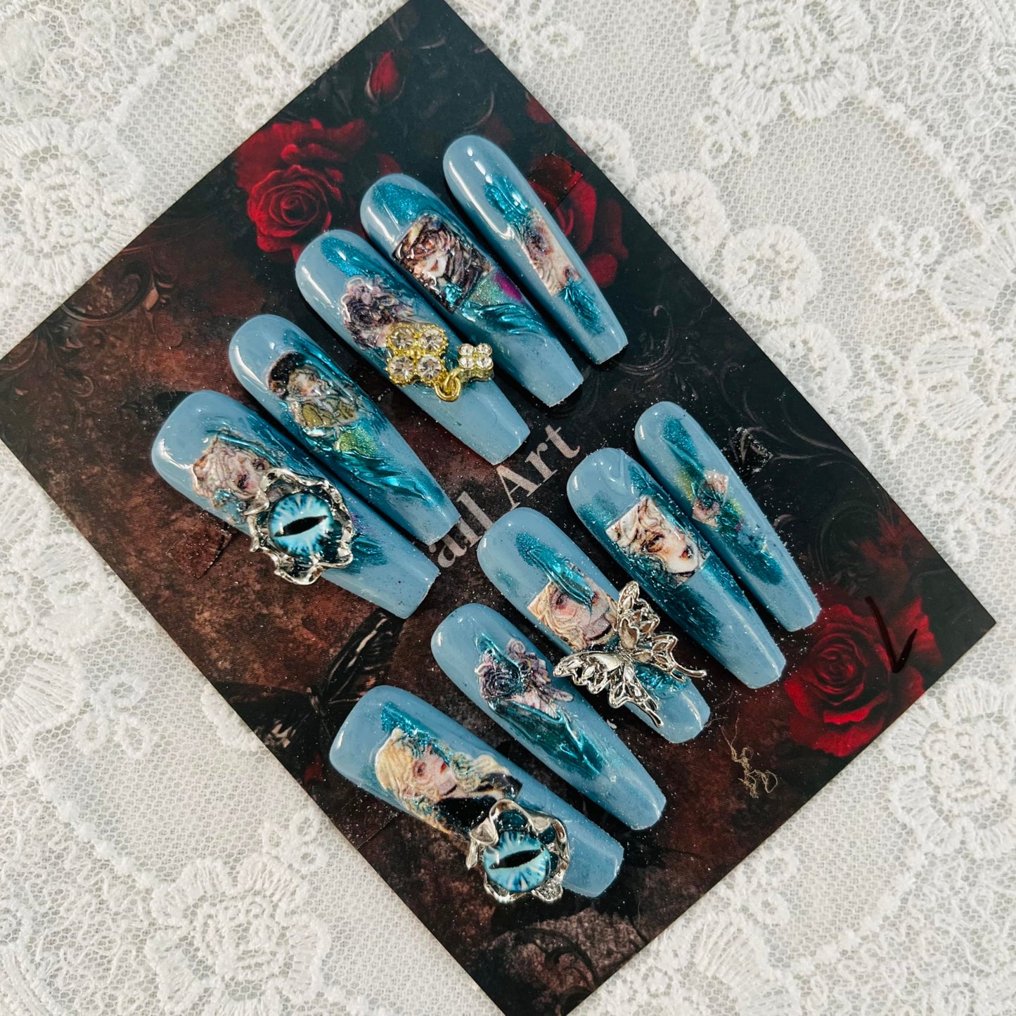 Press on Nails Handmade Nails 10Pcs Dark Gothic Style Manual Press on Nails Blue Sculpture Fake Nails for Women Party Holiday Photo 4.0CM Size L