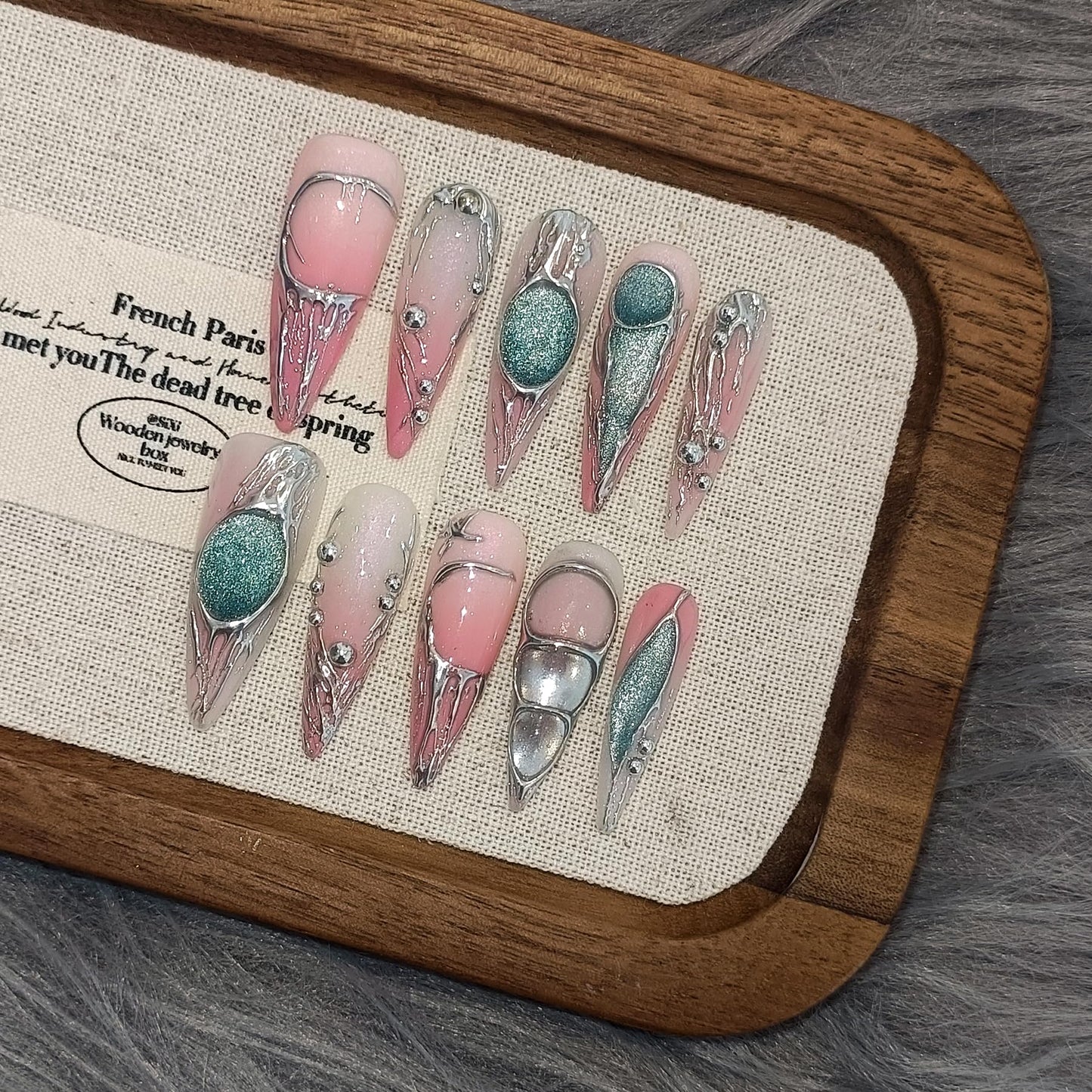 TENPAL Long Stiletto Press on Nails,Pink-Silver Holographic Gradient Hand-Painted Moons Fake Nails with 10pcs Tools,3D Cat Eye Glitter False Nails,Edgy Meteors Design Sweet-Edge Metal Nails(L)