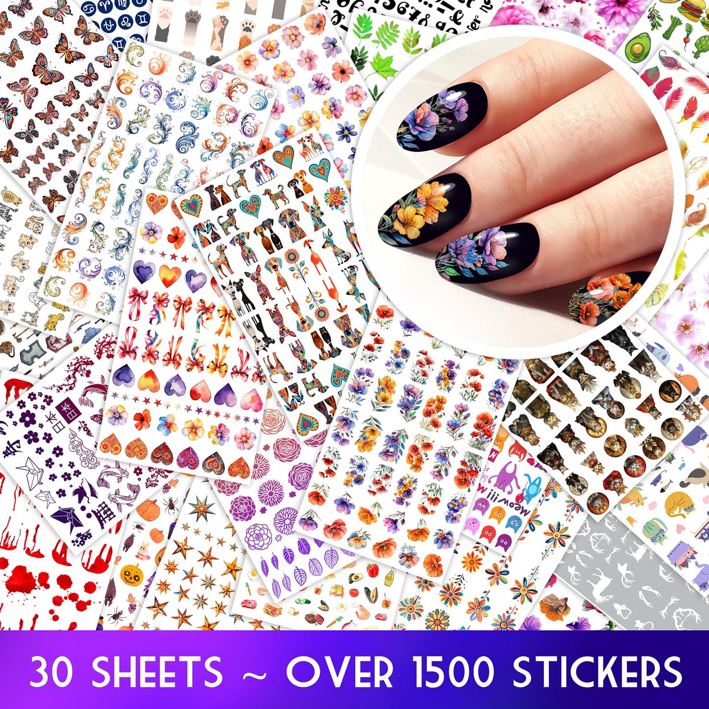 30 Sheets Nail Stickers Collection ~ Dark Floral Fantasy ~ Rich Flowers Hearts Bows Animals and Ornamental Motifs in Colorful Illustrative Style Creating Elegant Moody Manicure Decals
