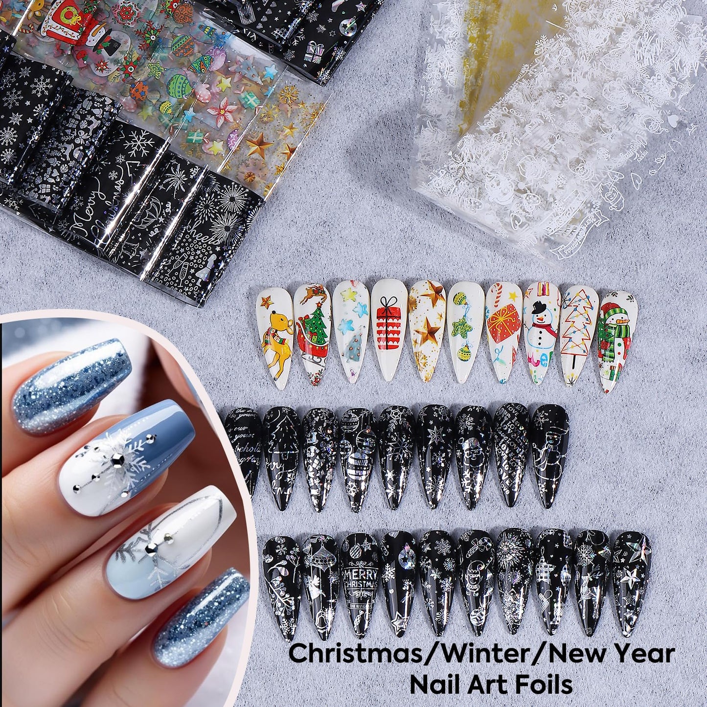 Christmas Holographic Nail Foil Stickers 50 Sheets Winter New Year Nail Art Foils with Xmas Tree Snowflakes Snowman Star Fireworks Transfer Foil for Nails Decoration Manicure Accessory for Women