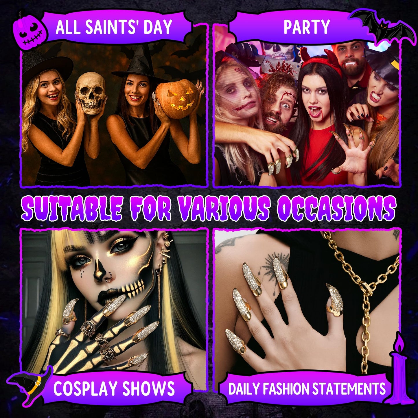 10 Pcs Gothic Punk Halloween Costume Accessories Adjustable Claws Ring Set, 3 Sizes Fake Nails Crystal Full Finger Rings for women Men Nail Art Vampire Cat Wolf Cosplay Party (Golden)