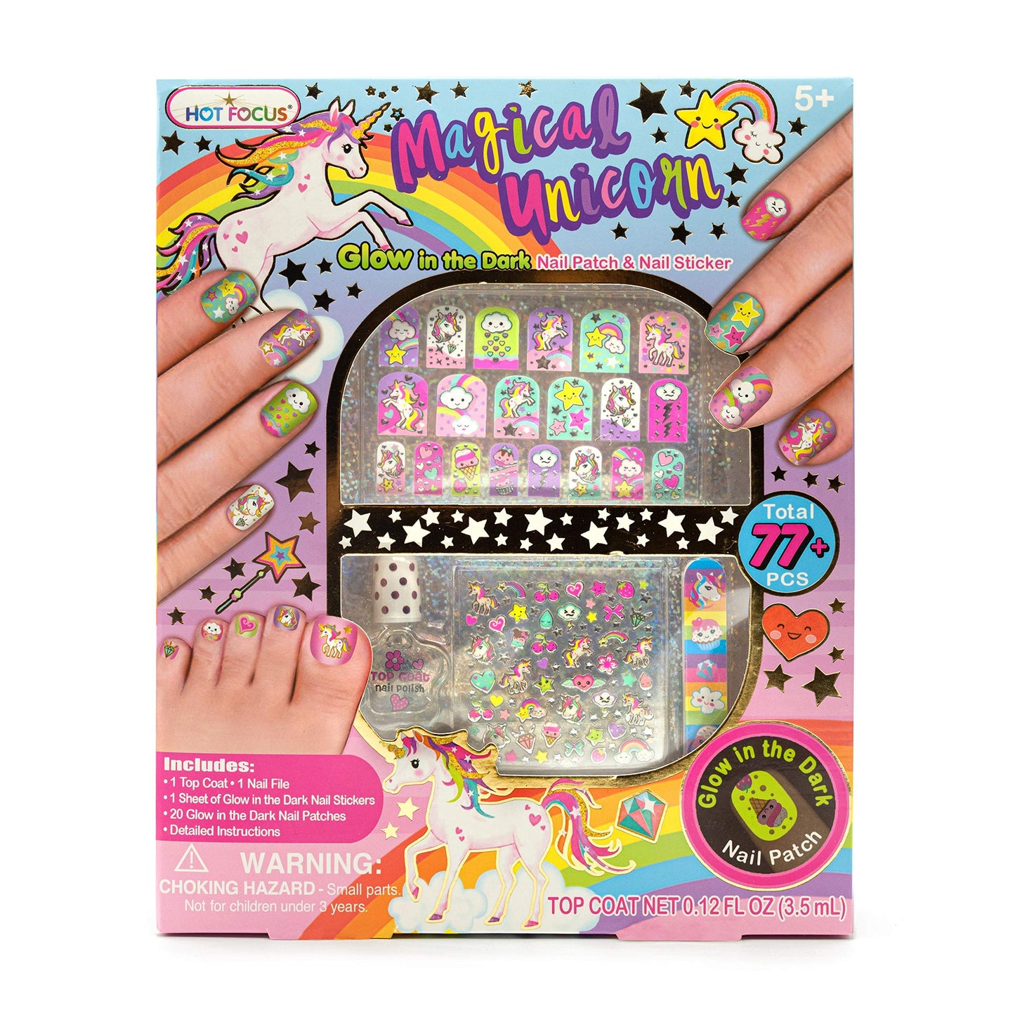 Hot Focus Unicorn Nail Art Glow in the Dark Kit 77 Pieces - Nail Stickers Unicorn and Rainbow Set, Nail Patches, Nail Polish and Nail File - Non-Toxic Water Based Polish
