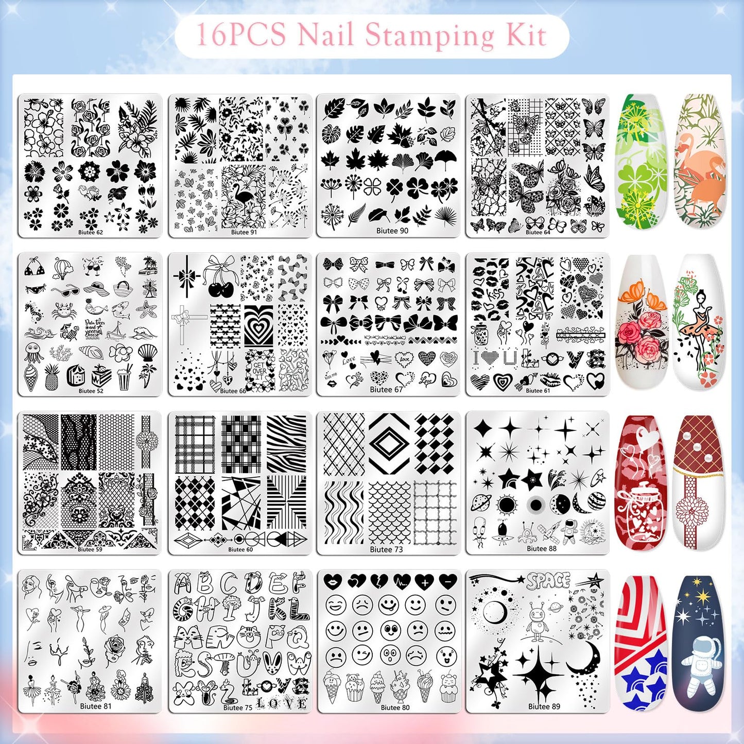 Biutee Nail Stamping Kit with 10 Stamping Gel Polish, 16 Nail Stamping Plate, Clear Jelly Stamper, 2 Scraper & Storage Bag, Floral Butterfly Geometric Beach DIY Nail Art Stamping Kit for DIY Manicure