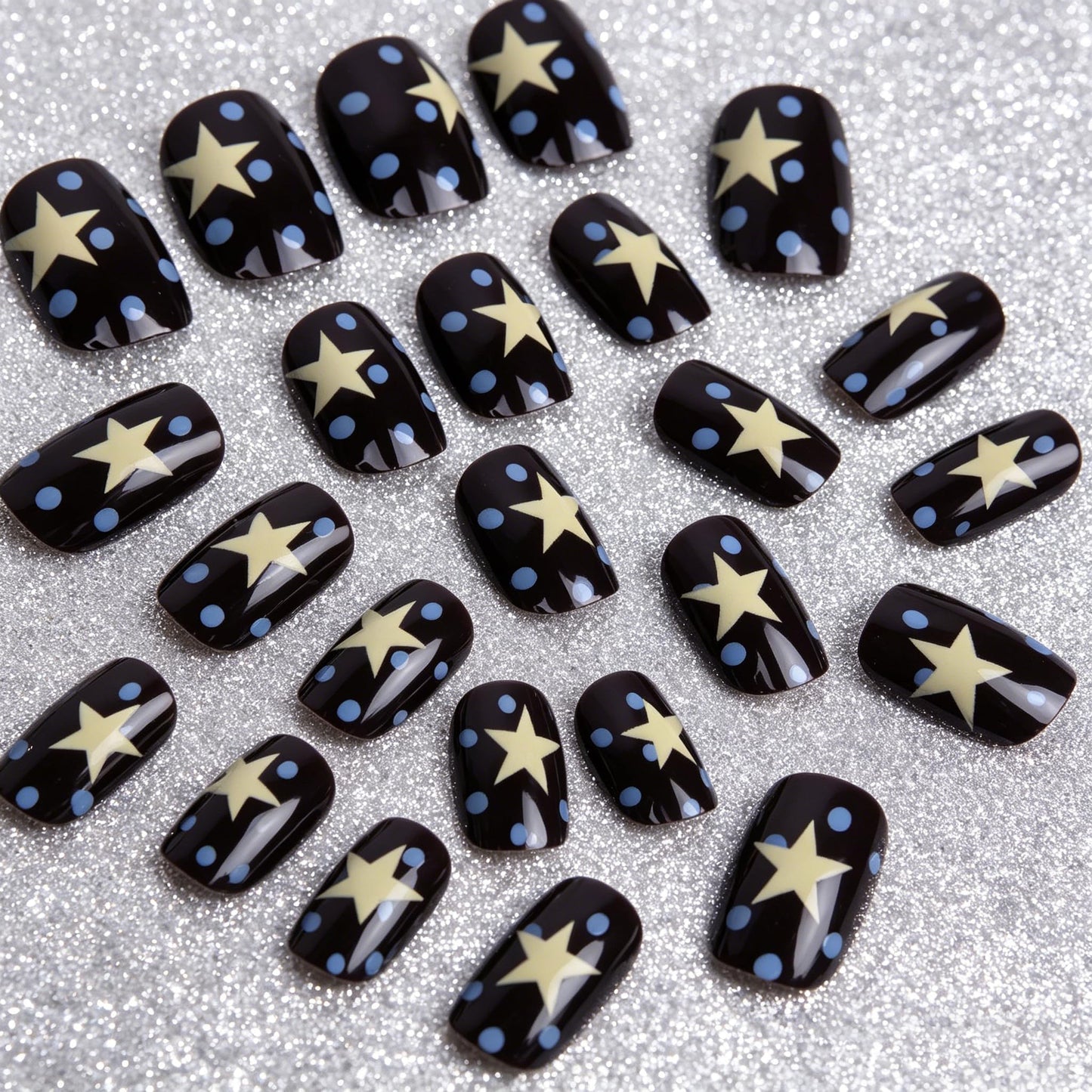 BABALAL Press On Nails, Short Square Fake Nails, Brown with Star & Blue Polka Dot Design, Glossy Retro Western Cowgirl Glue On Nails for Women and Girls 24Pcs