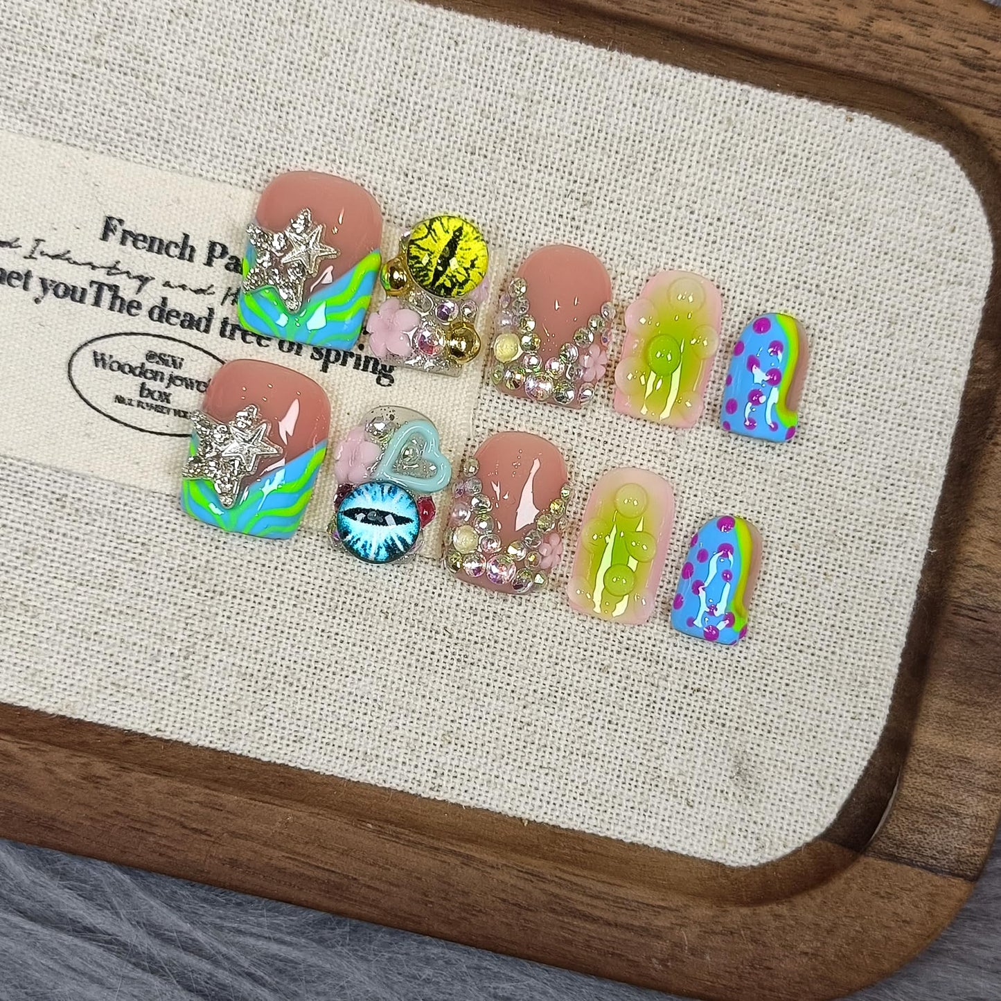TENPAL V-Shape French Tips Square Nails,Acrylic Press on Nails with 10pcs Kit,Sweet Edgy Y2K Hand-Painted Art False Nails,Neon Yellow-Green Fake Nails with 3D Stars, Hearts, Rhinestones Flowers(S)