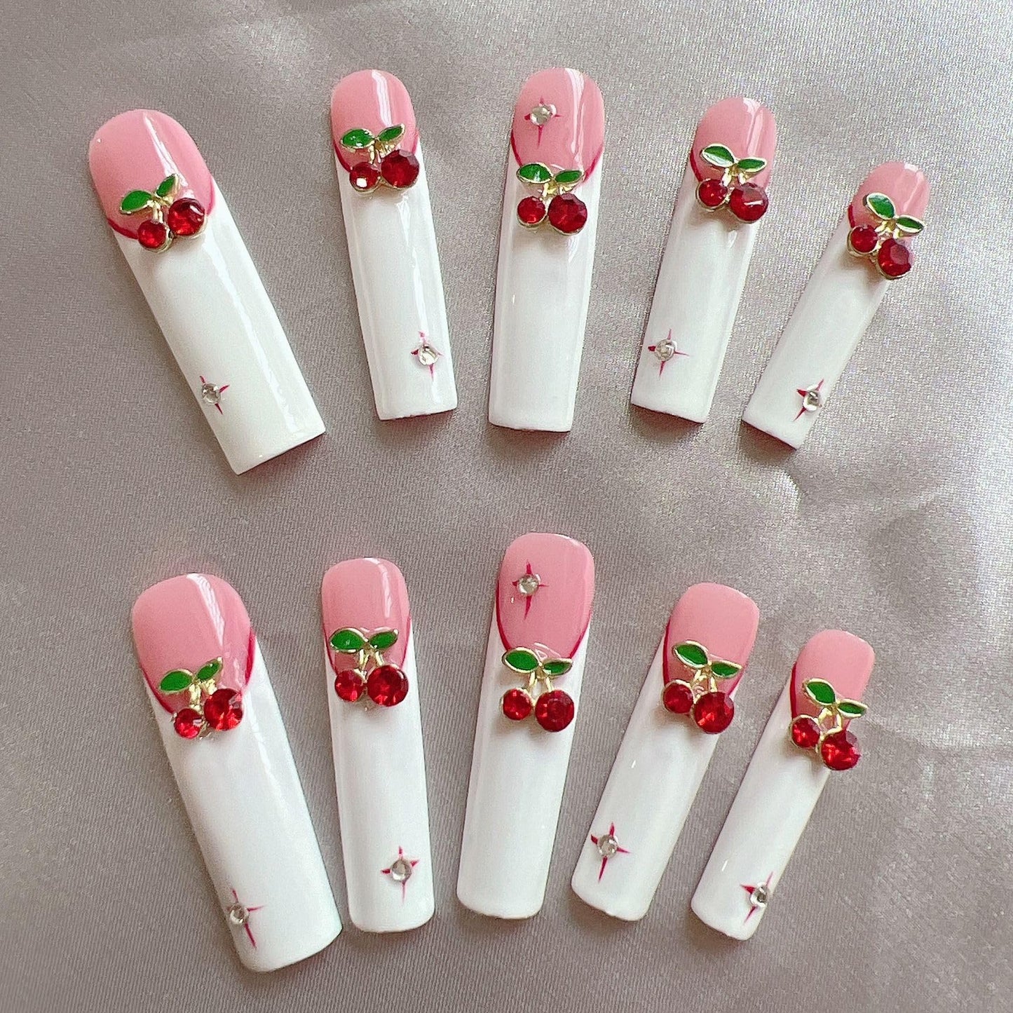 NAIL ANGEL 10PCS/SET Handmade Press On Nails Glitter Metal 3D Cherry Charms French Style Long Coffin Nails Party Nails XXL Long Artifical Tips ZJ-09 (ZJ09, M)