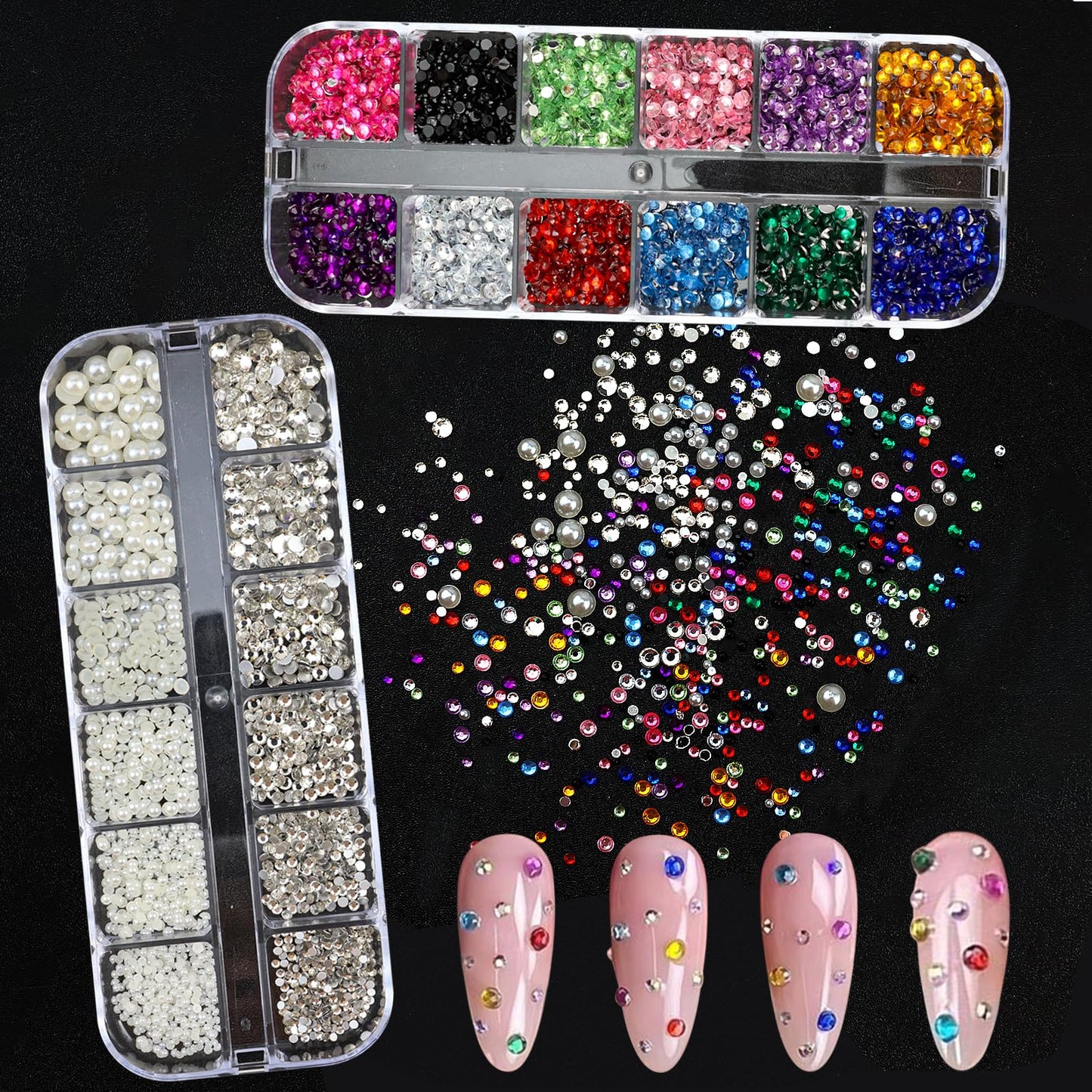 SEMATA Flatback Nail Art Rhinestones Charms Beige Nail Pearls Mixed Size Nails Gems Pink Black Red Nails Rhinestones Art Accessories Decoration Design for Women
