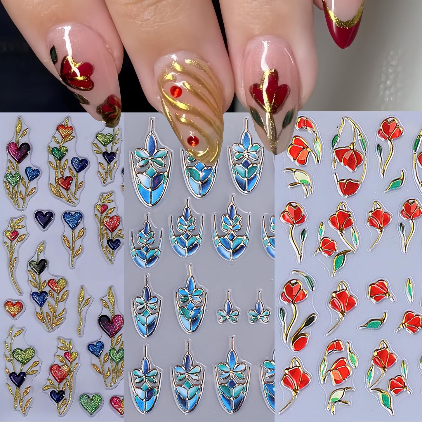 3 Sheets Valentines Day Nail Art Stickers 5D Embossed Heart Flower Nail Stickers Blue Floral French Nail Decals Love Flowers Nails Designs Valentines Nails Sticker for Women DIY Manicure Nail Supplies