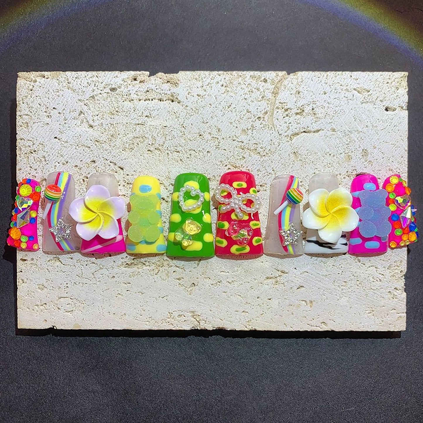 Qicaijia 10Pcs Press on Nails Long Handmade Duck Fake Nails 3D Charms Flower False Nails with Glue Colorful Twinkle Candy Artificial Acrylic Reusable Stick on Nails for Women (Size M)
