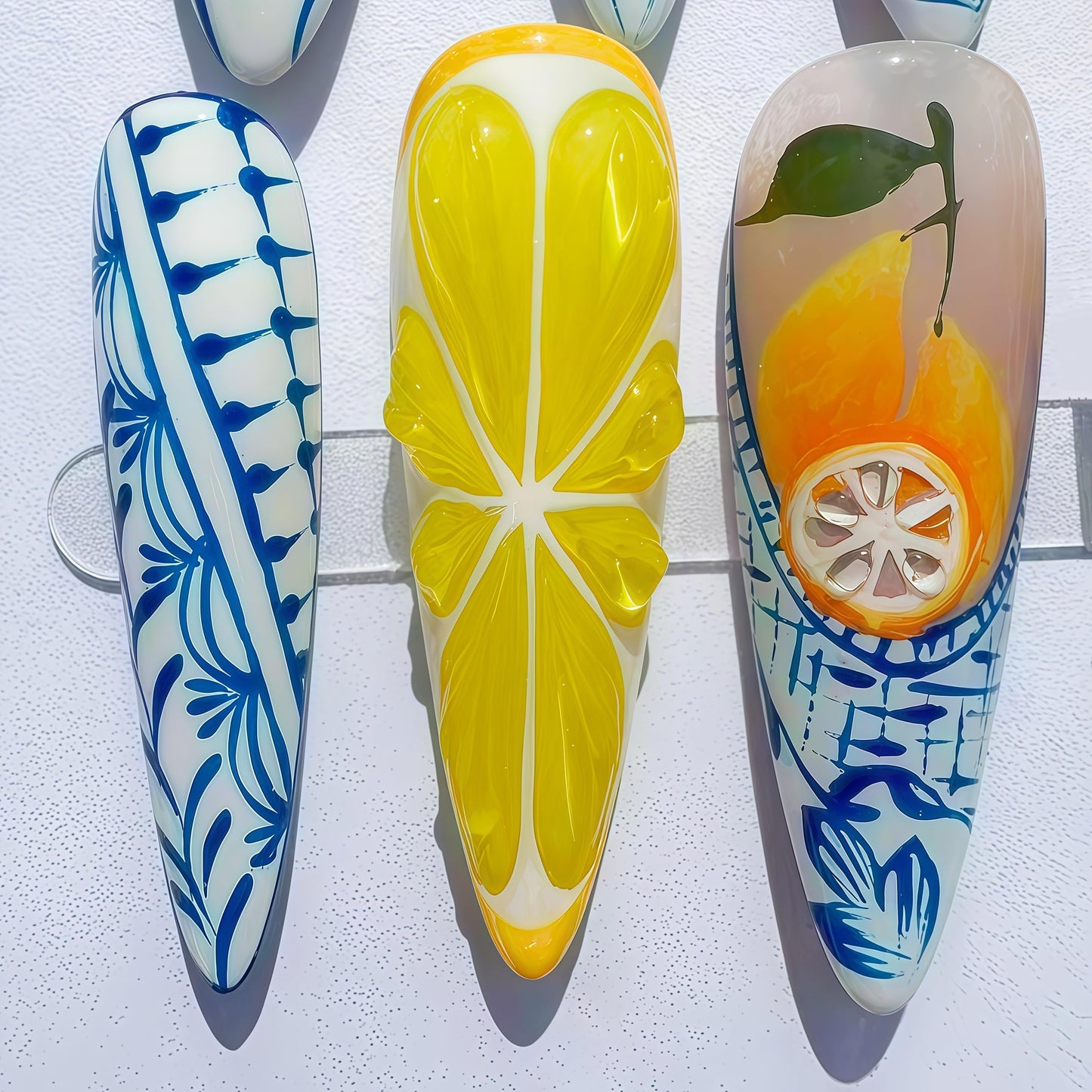 Handcrafted Press On Nails Italian Vacation Style Lemon & Blue Ceramic Pattern 100% Handmade Realistic Artistic Fake Nails With Adhesive Glue Tabs Gifts For Women (Hand-Painted Lemon,Long Stiletto M)