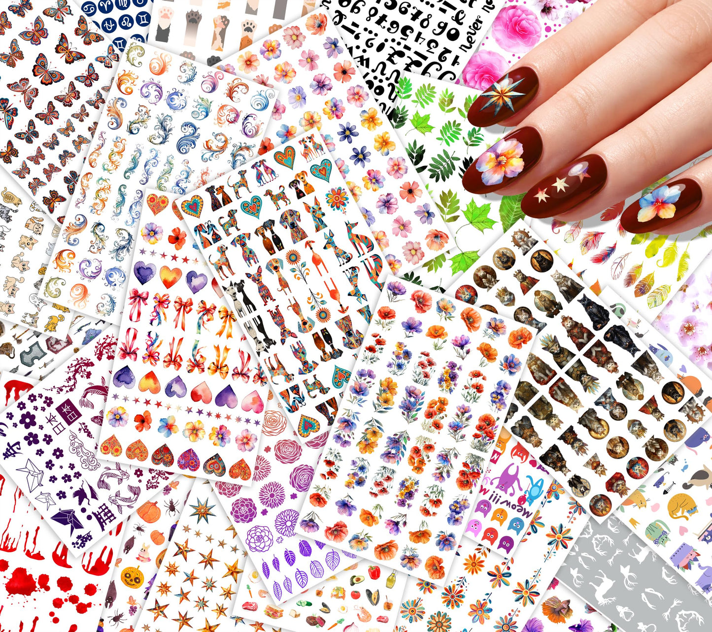30 Sheets Nail Stickers Collection ~ Dark Floral Fantasy ~ Rich Flowers Hearts Bows Animals and Ornamental Motifs in Colorful Illustrative Style Creating Elegant Moody Manicure Decals
