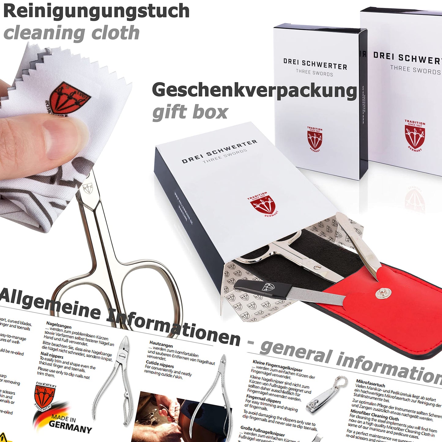 3 Swords Germany - brand quality 5 piece manicure pedicure grooming kit set for professional finger & toe nail care scissors clipper genuine leather brown case in gift box, Made in Germany