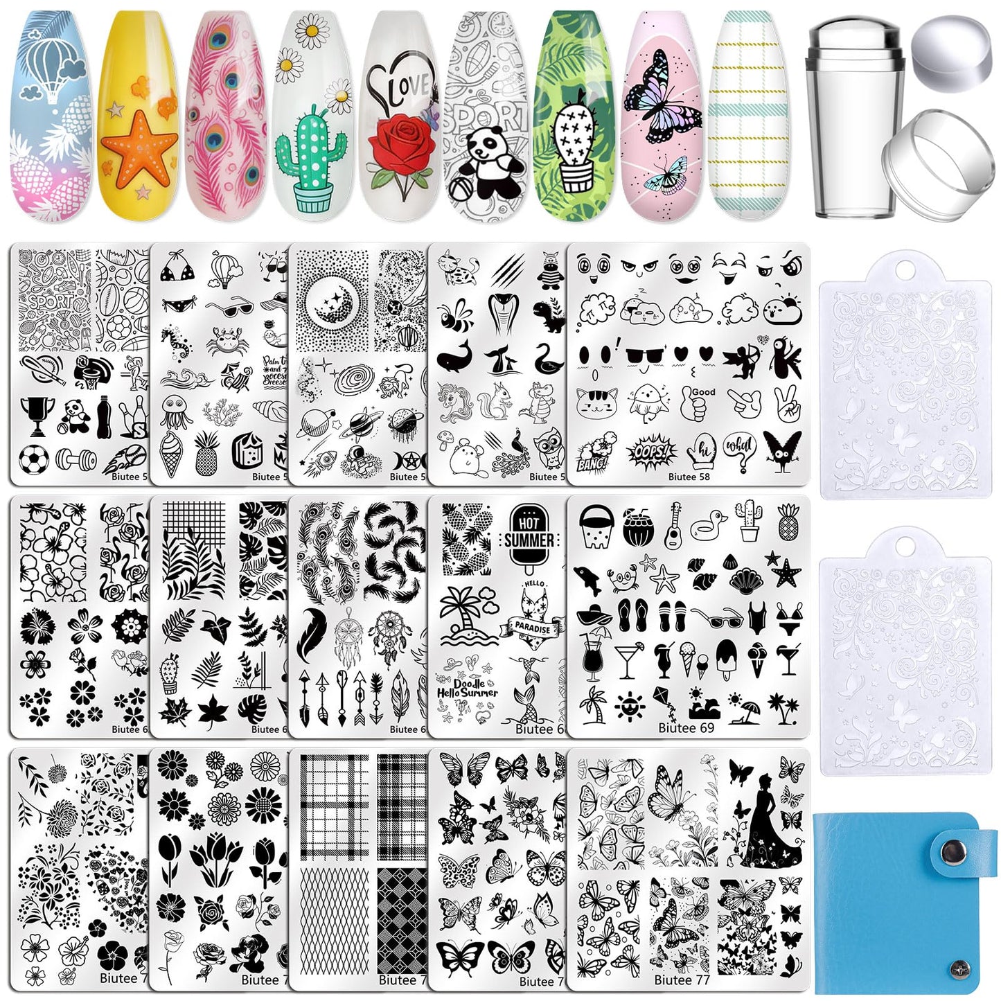 Biutee Nail Stamping Kit, 15 Nail Stamping Plates with Clear Stamper, 2 Scrapers, Storage Bag, Floral Butterfly Leaves Animal Summer DIY Nail Art Kit for Women Beginners