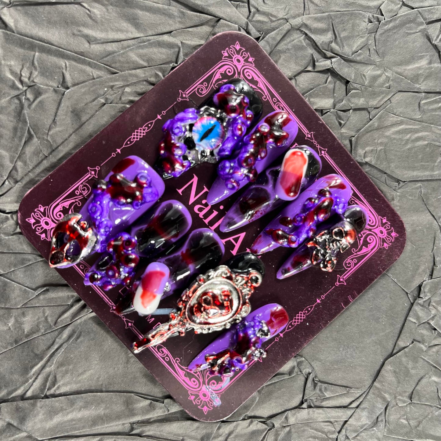 Press on Nails Handmade Nails 10Pcs Blood Style Hand Carved Purple Eyes Manual Press on Nails for Women Party Holiday Photo 33mm Long Size L
