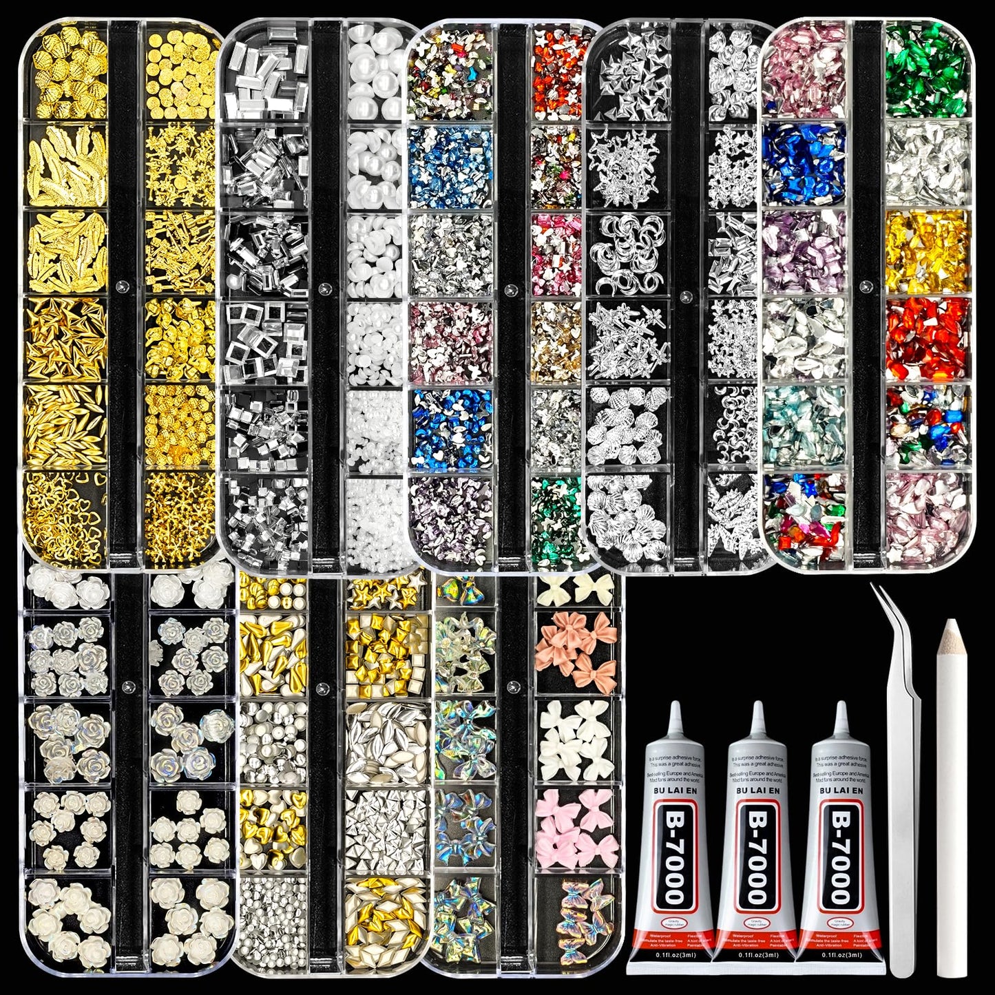 8 Boxes Nail Charms and Gems, White Pearl, Gold/Silver Sea Theme,3D Aurora Flower/Bow, Flatback Nail Gems, Rhinestones and Charms for Nail Art Kit, Various Shapes Nail Rhinestones, Nail Accessories