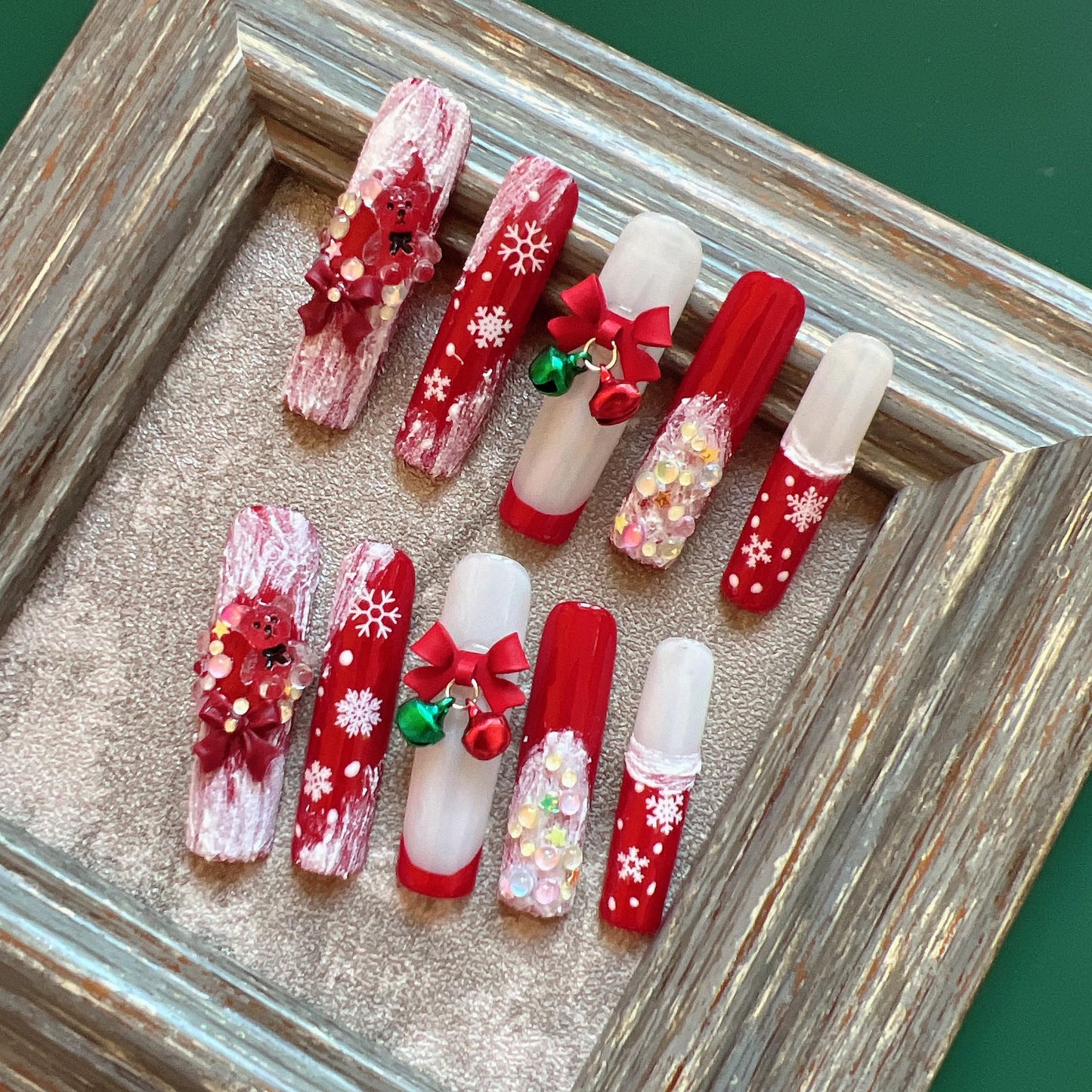 NAIL ANGEL 10PCS/SET Glamorous Handmade Press On Nails Christmas Xmas Holiday Snowman Bell Snowflake French Style Long Coffin Nails Party Nails XXL Long Artifical Tips ZJ-13 (ZJ13, M)