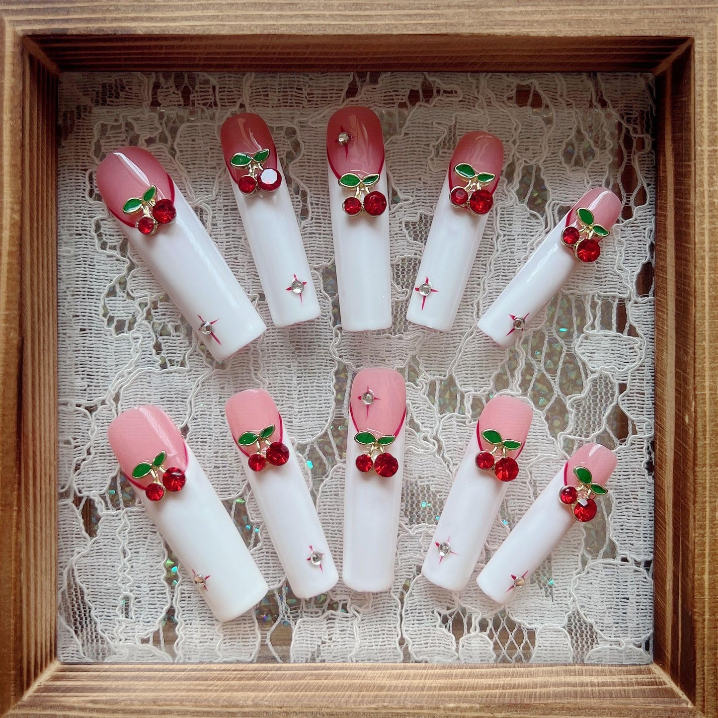 NAIL ANGEL 10PCS/SET Handmade Press On Nails Glitter Metal 3D Cherry Charms French Style Long Coffin Nails Party Nails XXL Long Artifical Tips ZJ-09 (ZJ09, M)