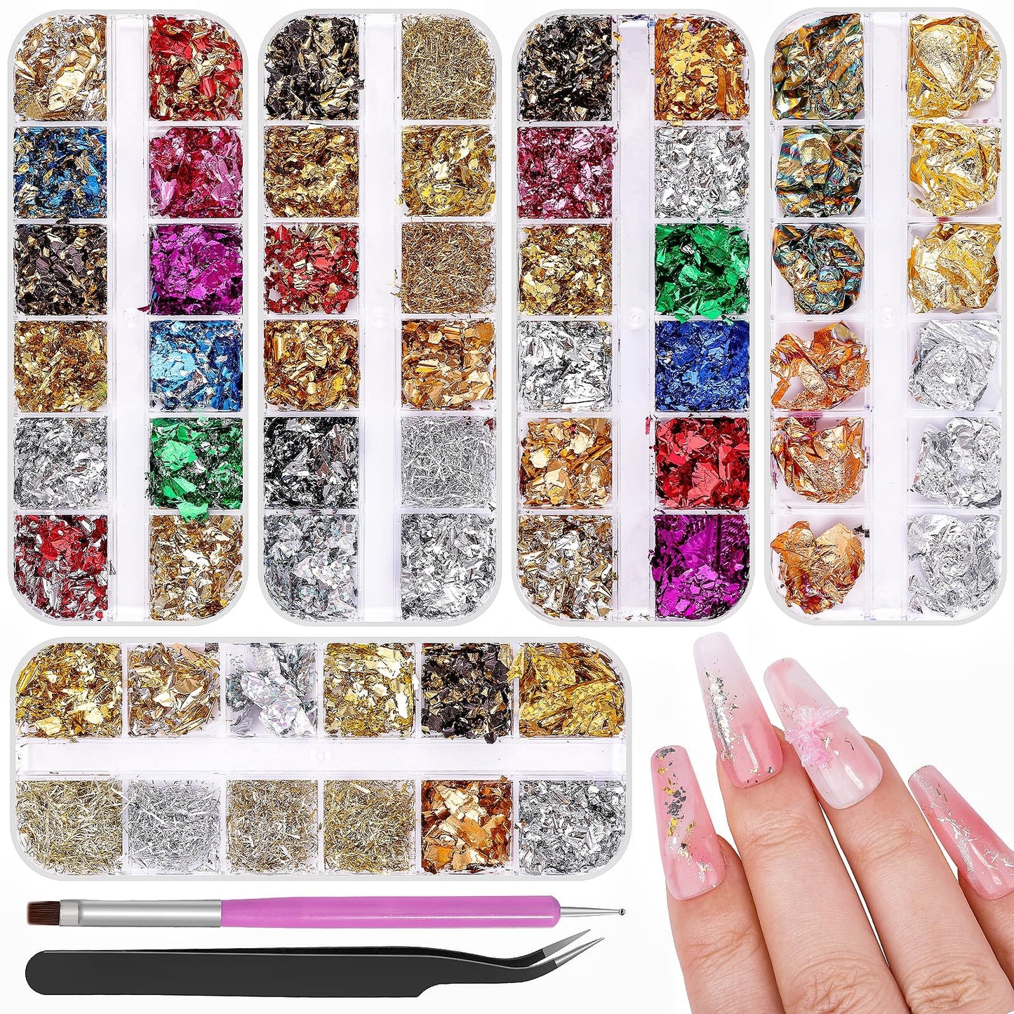 5 Boxes 60 Colors Holographic Nail Glitter Gold Foils Kit, Nail Foil Flakes Laser, 3D Irregular Thin Foil Nail Art Flakes Design Nail Sequins Supplies for Manicure Body Makeup Craft DIY