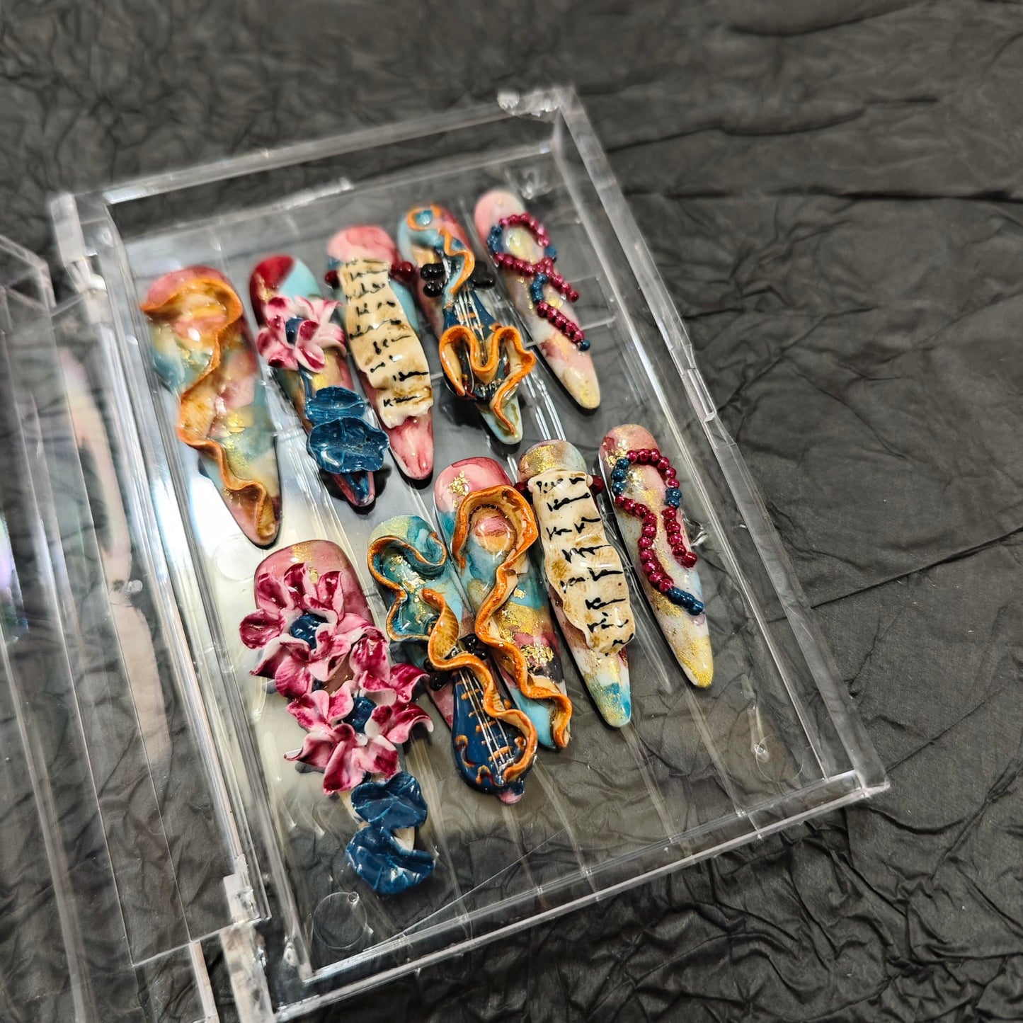 10Pcs(1Pack) Handmade Nails Press On Nails Long Stiletto 35mm Muse Sonata 3D Sculpted Ribbon Beads Music Note Art Luxury Fake Nails Reusable Acrylic Stick On Nails for Women Holiday Daily Wear Size S