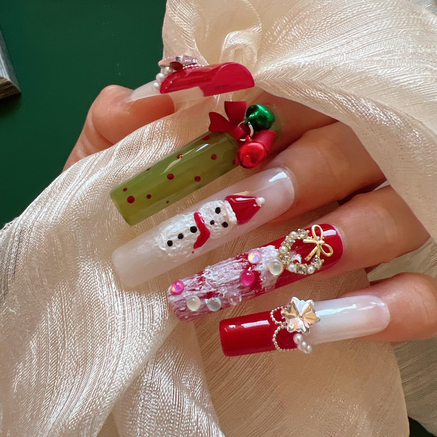 NAIL ANGEL 10PCS/SET Glamorous Handmade Press On Nails Christmas Xmas Holiday Bell Snowflake French Style Long Coffin Nails Party Nails XXL Long Artifical Tips ZJ14 (ZJ14, M)