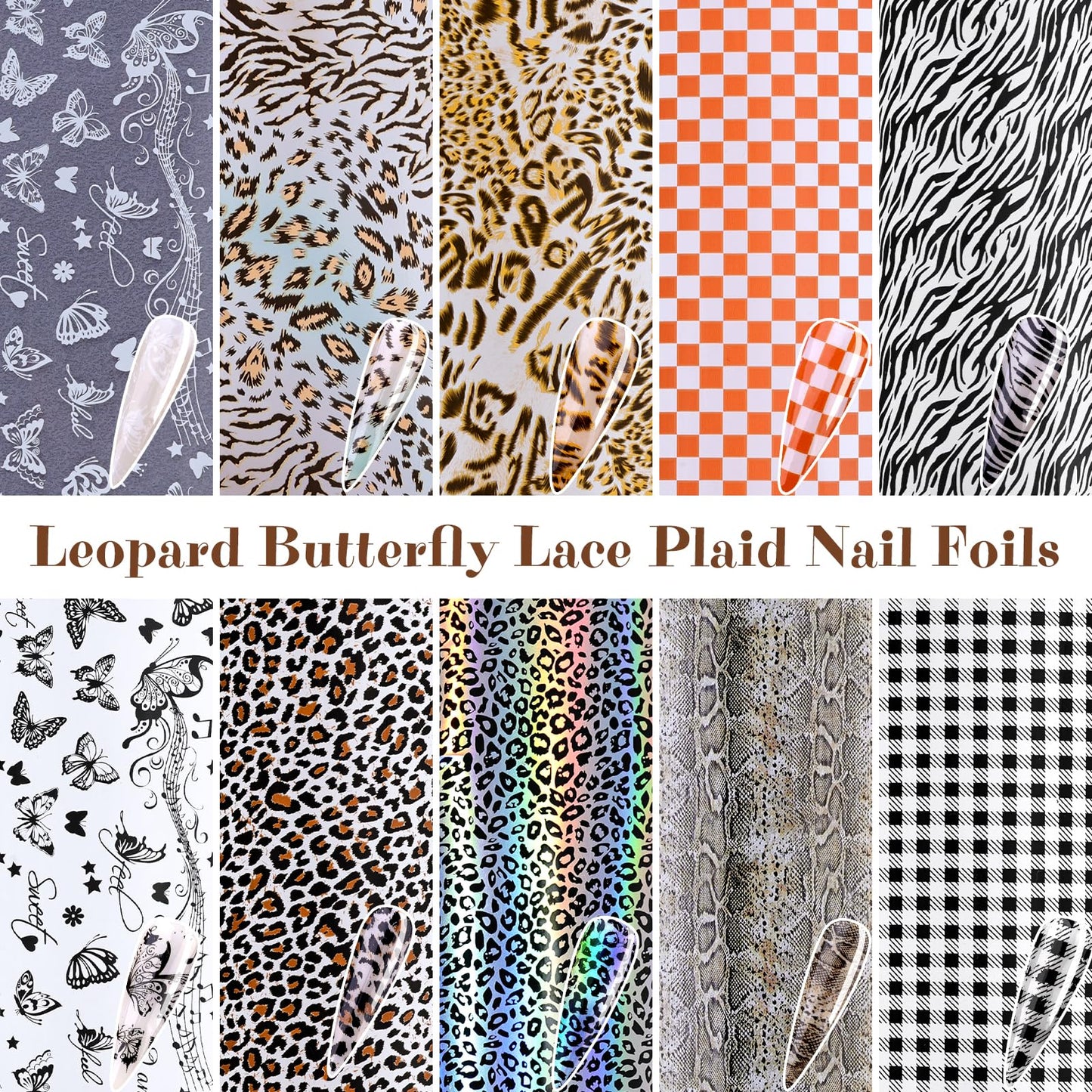 10 Rolls Nail Art Foils Transfer Stickers, Butterfly Plaid Snake Leopard Lace Nail Decals for Acrylic Gel Nails, Holographic Nail Foil Sticker Transfers Supplies for Women Manicure Tips Pegatinas Uñas