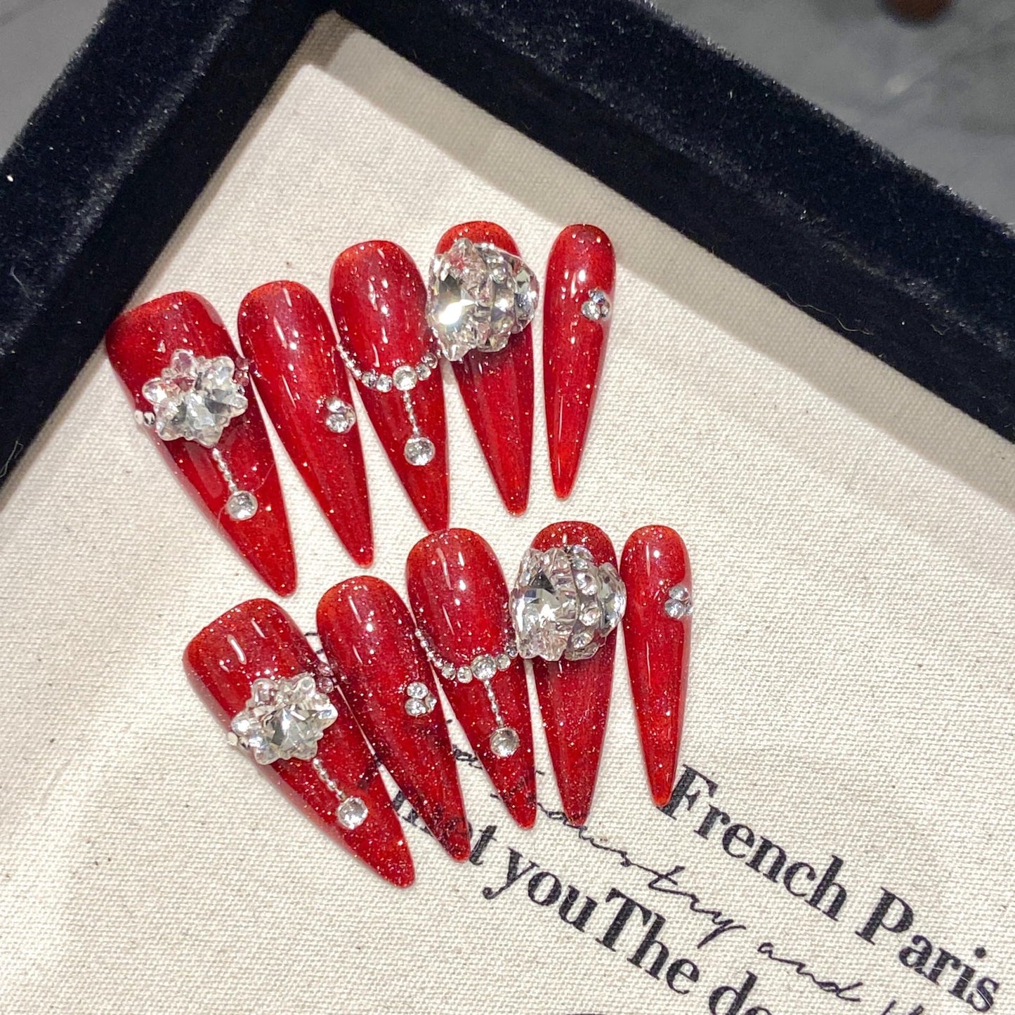 JIEADJIE Press On Nails (100% Handmade),Length Version,Handmade Painted Nail Art by Nail Technician,Luxury Party and Holiday Styles (Red Diamond, Small)