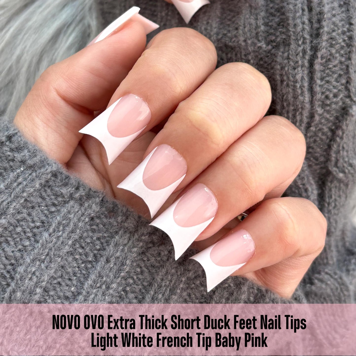 NOVO OVO Duck Nails Short with Moon Curve Light White French Tips BABY PINK Full Cover for Press on Acrylic, Thick Flare Wide French Soft Gel Fake False Nail Extension x 15 Sizes 240 pcs