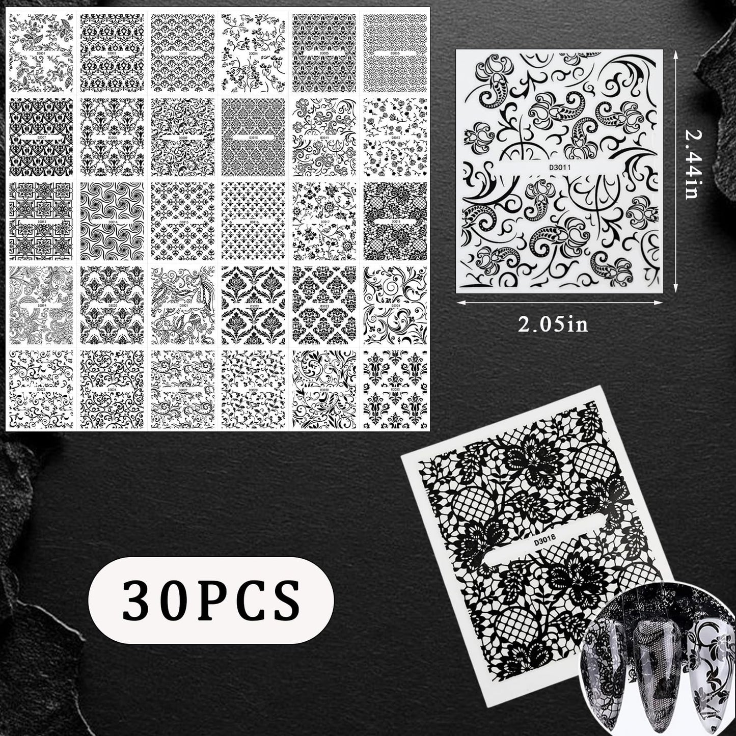 WEIXIWUYU 30 Sheets Black Lace Nail Art Stickers 3D Self-Adhesive Black Hollow Retro Floral Vine Design Decals for Women Girls DIY Manicure Slider Decorations
