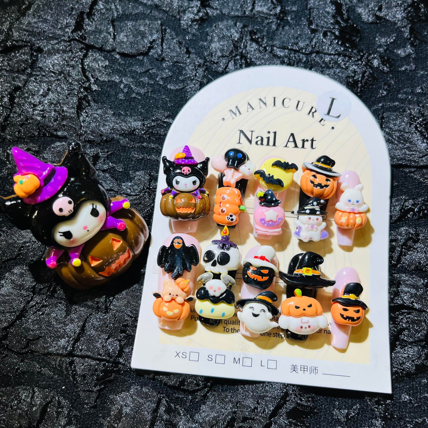 Press on Nails Handmade Nails 10Pcs Black Cartoon Cute Manual Press on Nails with Ring for Women Party Holiday Photo 33mm Long Size M