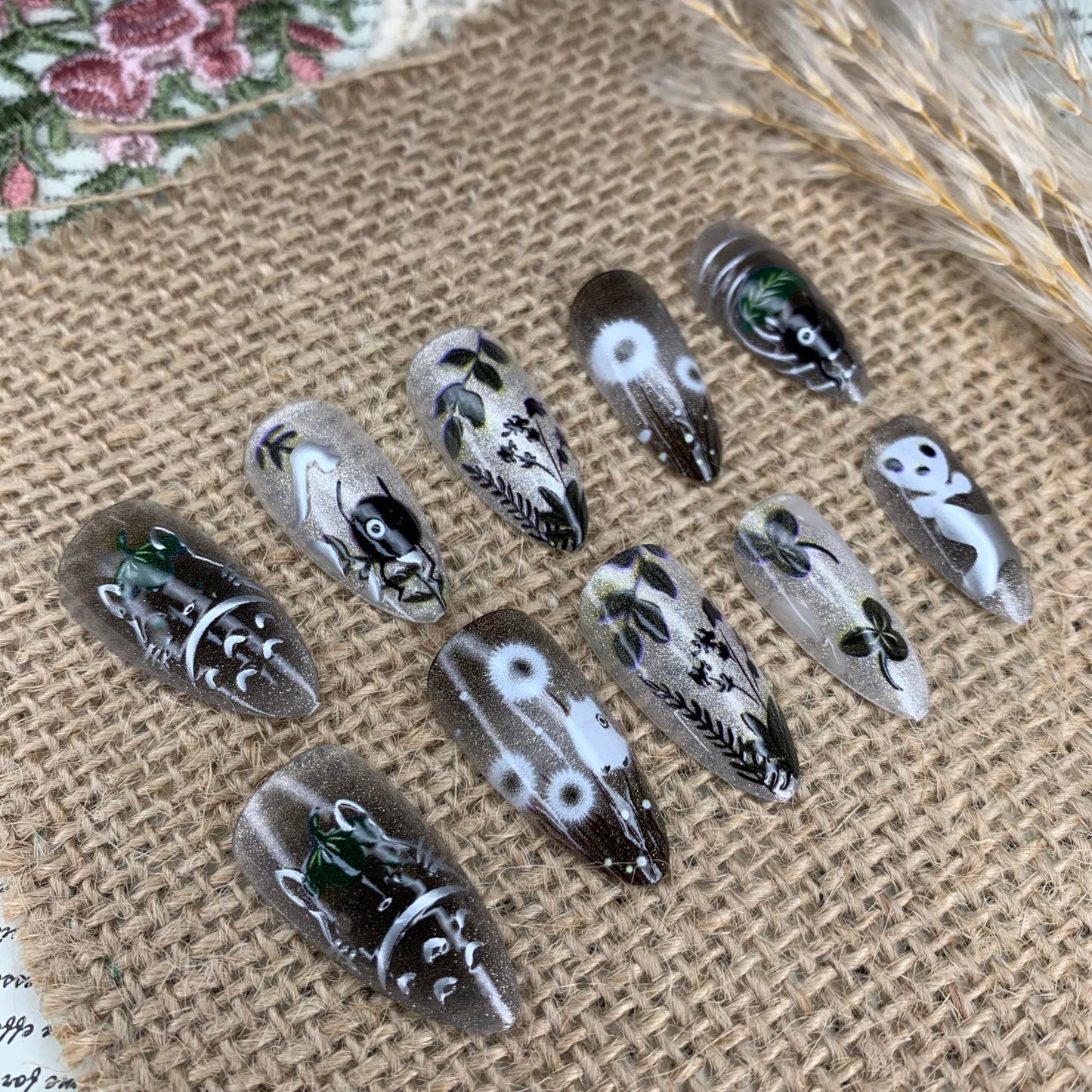 BABALAL Press on Nails Medium Almond Fake Nails Black Gothic Glue on Ghost Decvil Punk 24Pcs Stiletto Acrylic Nails Anime Nails for Women Girls Halloween Supplies