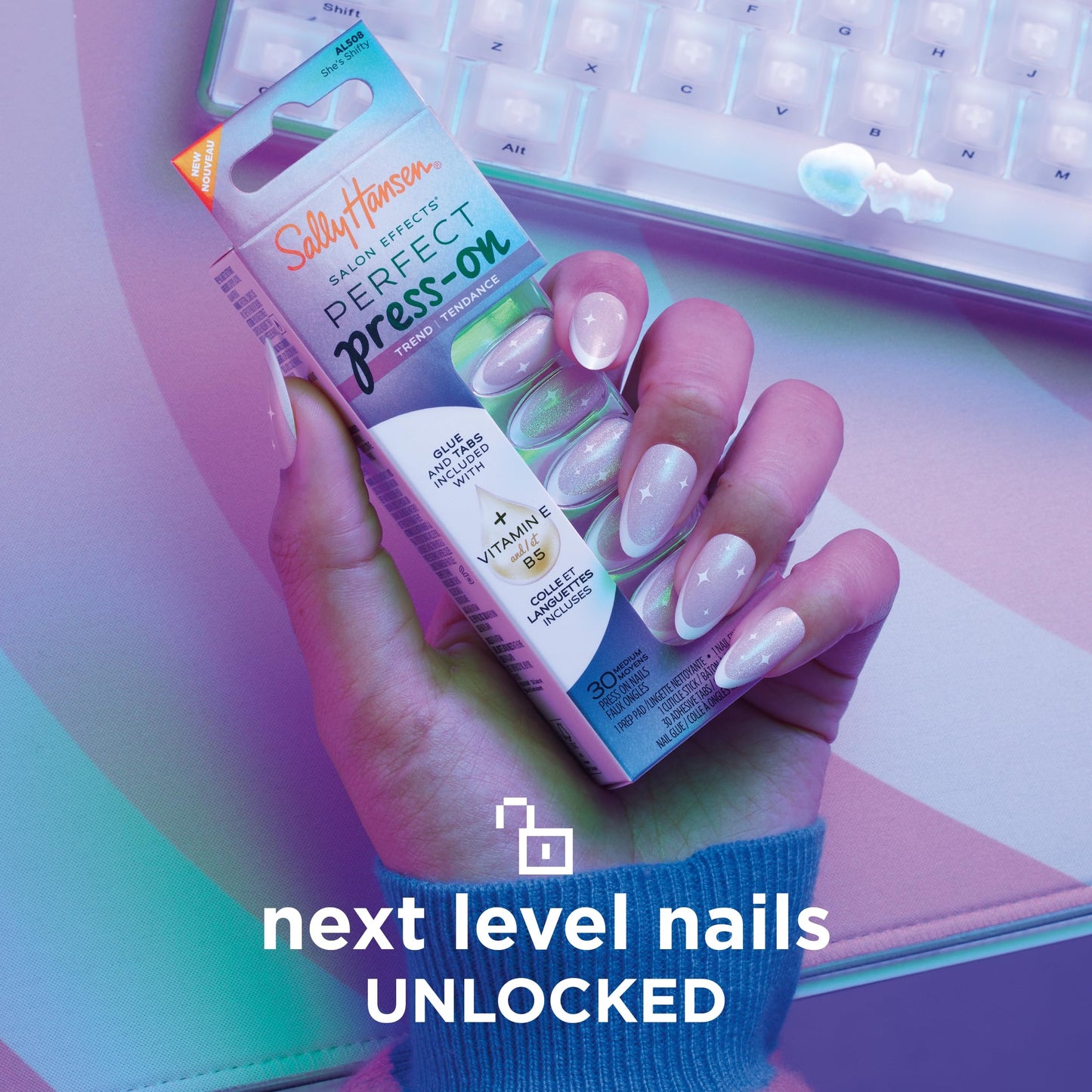 Sally Hansen Salon Effects Perfect Press-On Nails | Square Shape | Easy to Apply, Non-Damaging | 30 Nails, Nail Glue, Adhesive Tabs, File | Don't Be Jewel