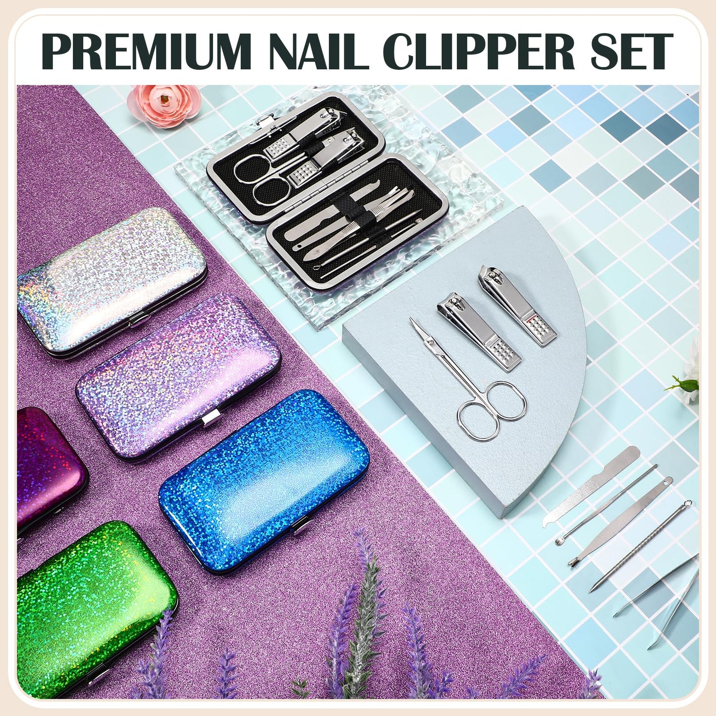Leriton 30 Sets Bulk Gifts for Women Manicure Set Bulk Professional Nail Care Kit Nail Clippers Kit 8 in 1 Stainless Steel Pedicure Set with Travel Case for Women Men(Bright Glitter)