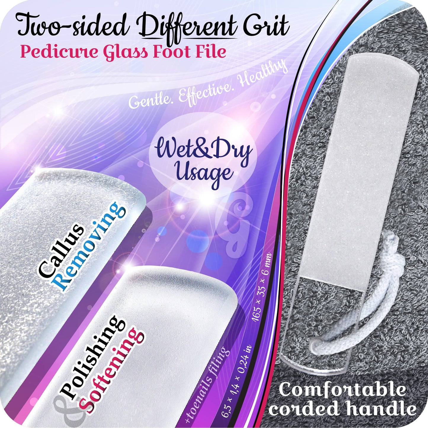 GLADZY Genuine Czech Glass Nail File Set - Callus Remover Foot Rasp, Cuticle Pusher Manicure Stick, Double Sided Etched Different Grit Surface, Professional Nail Care Tool, Made in EU