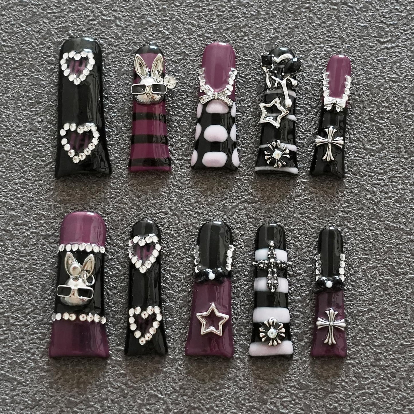 Tesytto Metallic Gothic Press on Nails Extra Long Duck - Black Purple Hot Pink with 3D Metal Cross, Star, Heart, Bow, Rabbit Charms for Parties (Dark Romance, S)