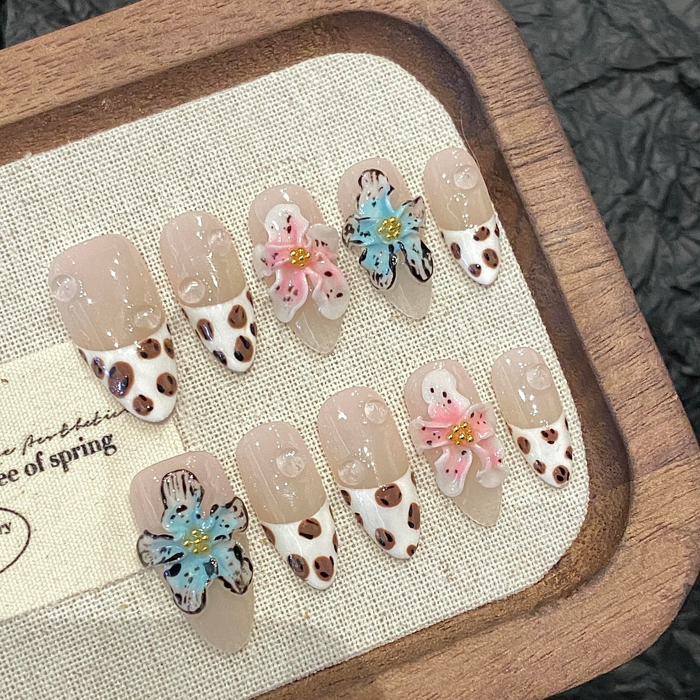 Handmade Press on Nails – Reusable False Nails with Leopard Print French Design, Gradient Tropical 3D Flower Art, Medium Almond Shaped Fake Nails (10PCS-S)