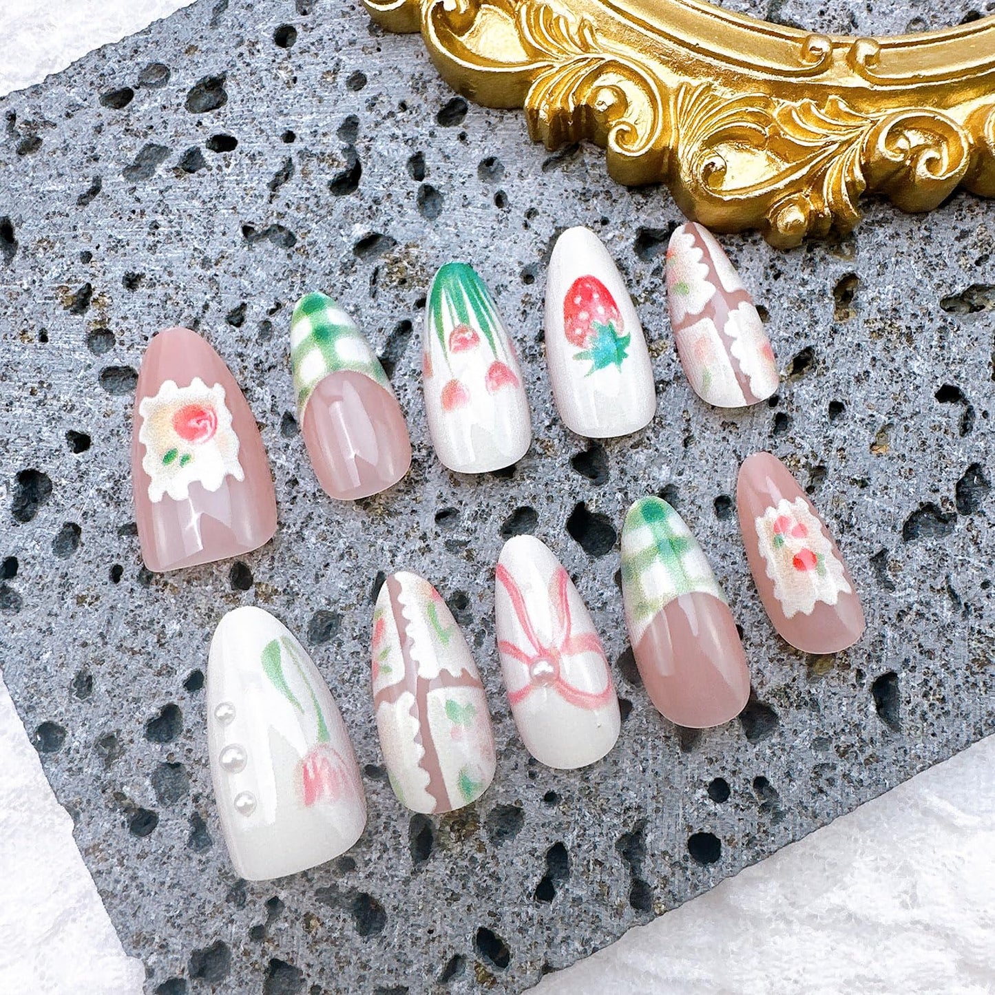 30Pcs Spring Press on Nails Medium Almond Green Plaid French Tip Fake Nails with Pearl Designs Cute Strawberry Bow Acrylic Nails Spring Flower False Nail Tulip Full Cover Glue on Nails for Women