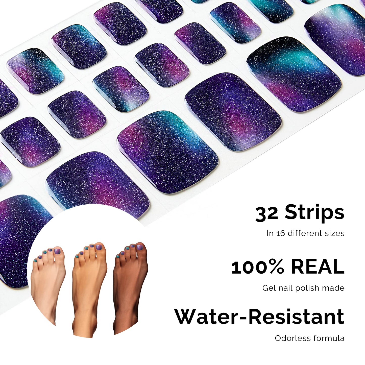NAILOG Semi Cured Gel Nail Strips, Toe Nail Polish Strips with Glossy Gel Finishing | Buy 3 Get 1 UV Lamp| 32 Pieces Long Lasting Pedi Stickers | Aurora