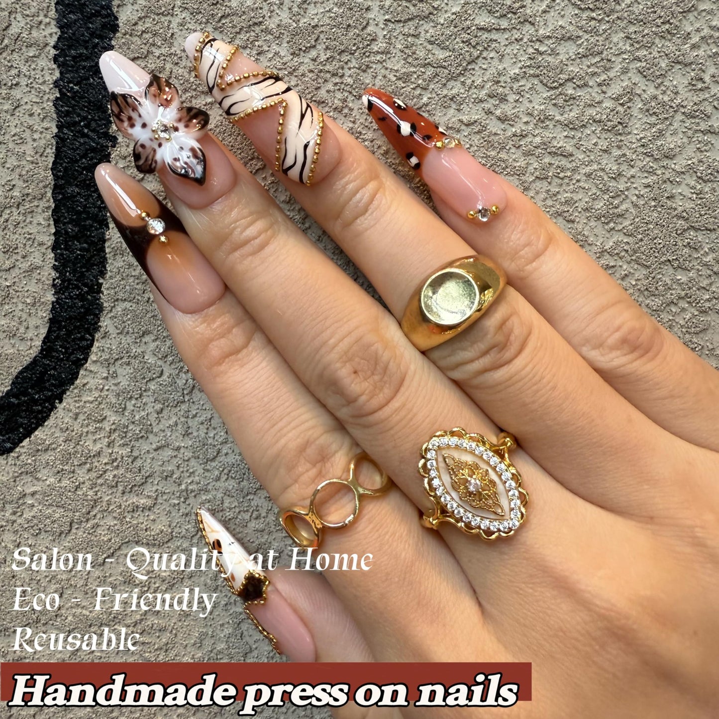 Brown Tortoise & Leopard Press On Nails 10pcs, Handmade Luxury Long Almond Acrylic Nails with 3D Flowers, Gold Chain Accents & Rhinestones, Trendy Brown Gradient Fake Nail Set – Appife