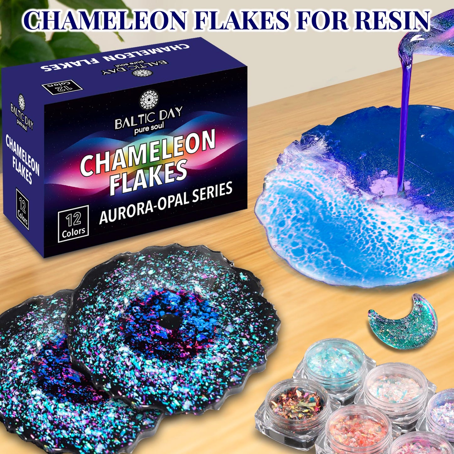 Chameleon Flakes - Chameleon Flakes for Resin - 12 Iridescent Flake - Intense Colorshift Mica Powder Pigment - Chrome Opal Pigments for Tumblers, Molds, Nail Art, Eyeshadow, Paints, Soap Making