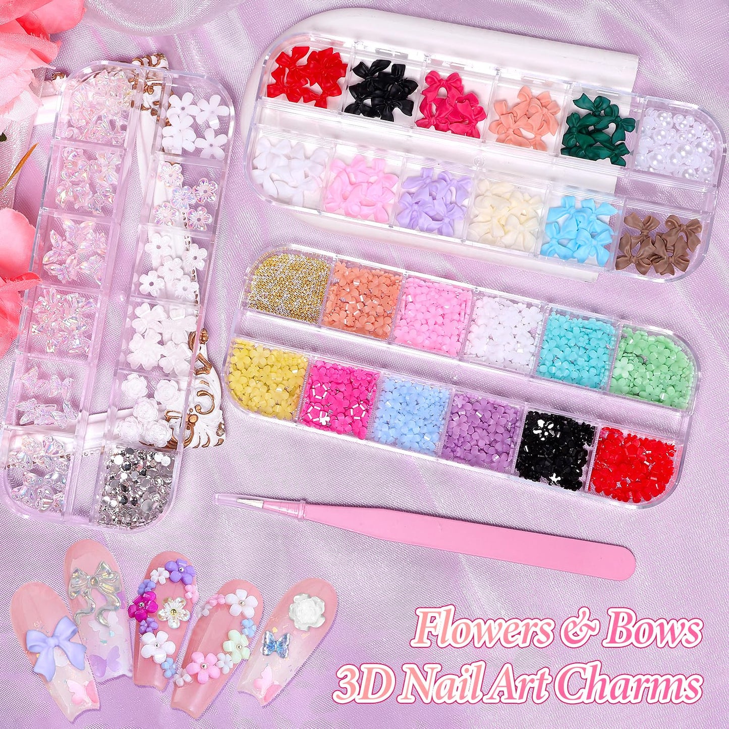 3 Boxes Bow Flower Nail Charms, 3D Color Flowers Nail Bows Charms for Nails Art, Polar Butterfly Bowknot Nail Art Charms, White Rose Flower Charms for Nail Art Jewels Supplies DIY Craft
