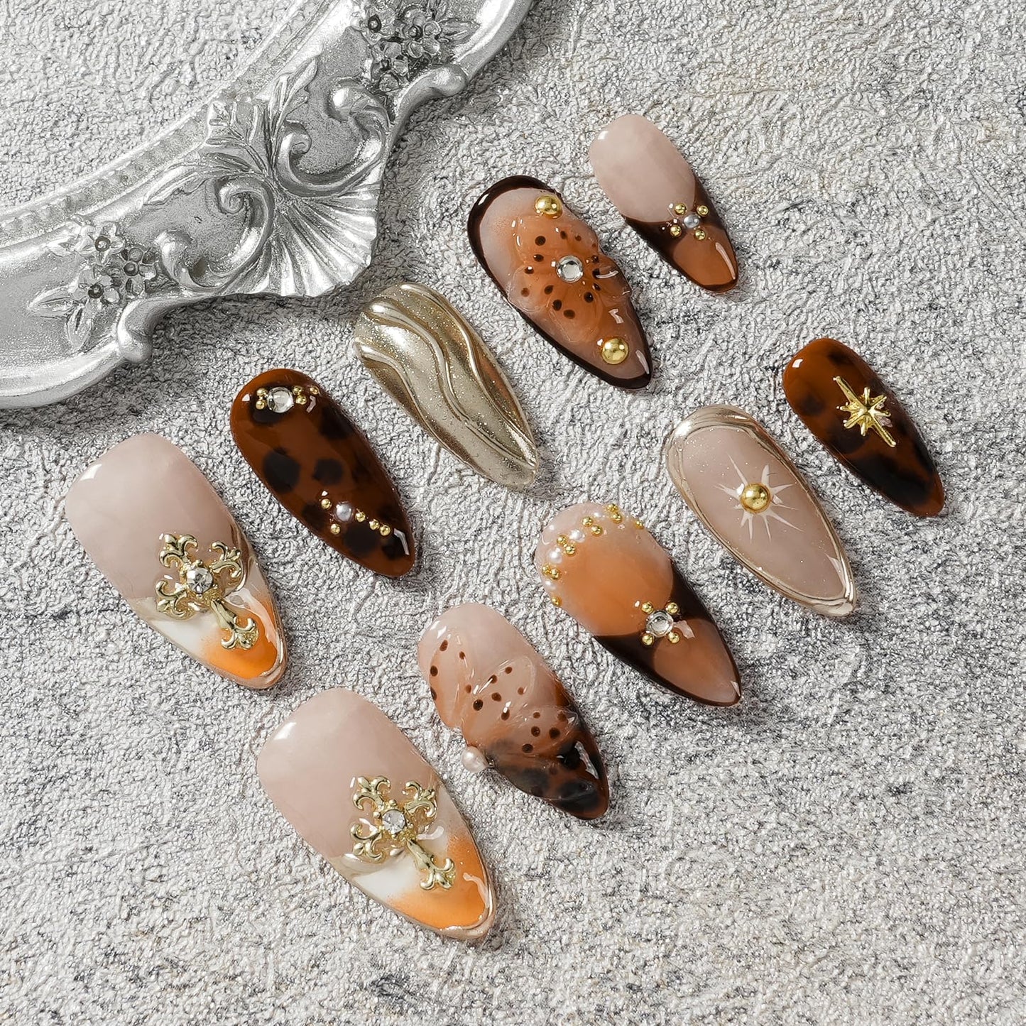 Tesytto Gothic 3D Floral Press on Nails Medium Almond - Gold Cross & Rhinestone Design, Handmade Pearl Luxury Dark Romantic Reusable Nails (Orange Diamond Sweet Luxury,L)
