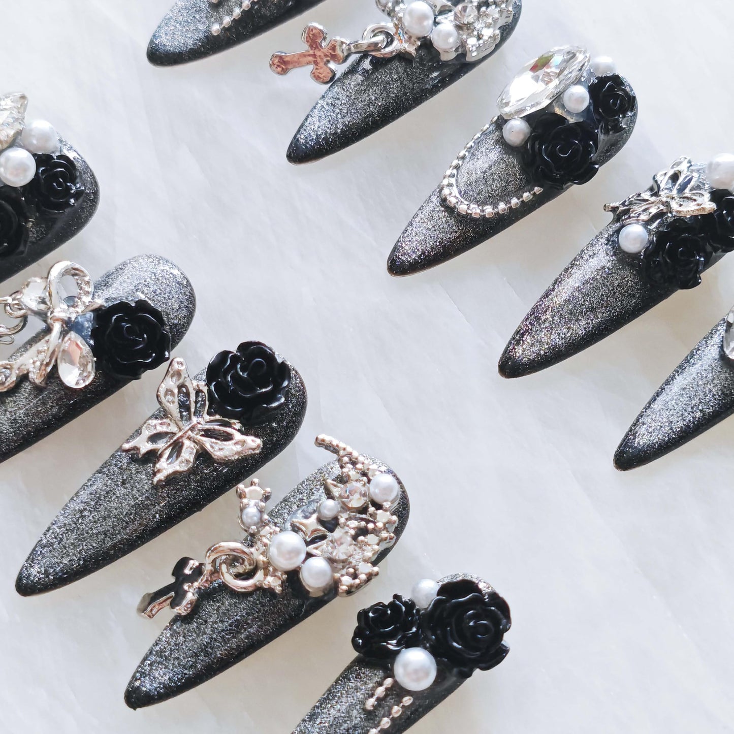 GLORS Luxury Long Stiletto Press-On Nails, 3D Black Roses with Silver Glitter, Pearl and Rhinestone Decorations, Handmade False Nail 10 Pieces (Small, LS)