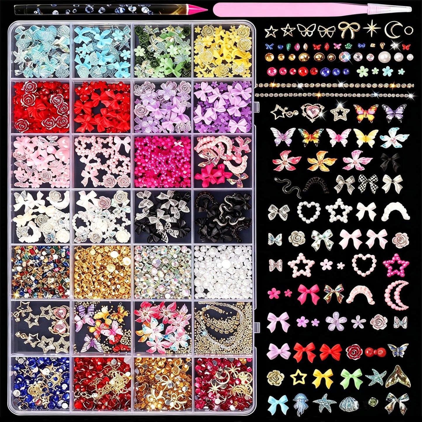 28 Grids Nail Art Decorations Set - 3D Flower Butterfly Bow Star Heart Charms, Rhinestones Gems Pearls, Mixed Metal Nail Jewelry for Acrylic Nails, DIY Manicure Accessories Kit for Women & Girls