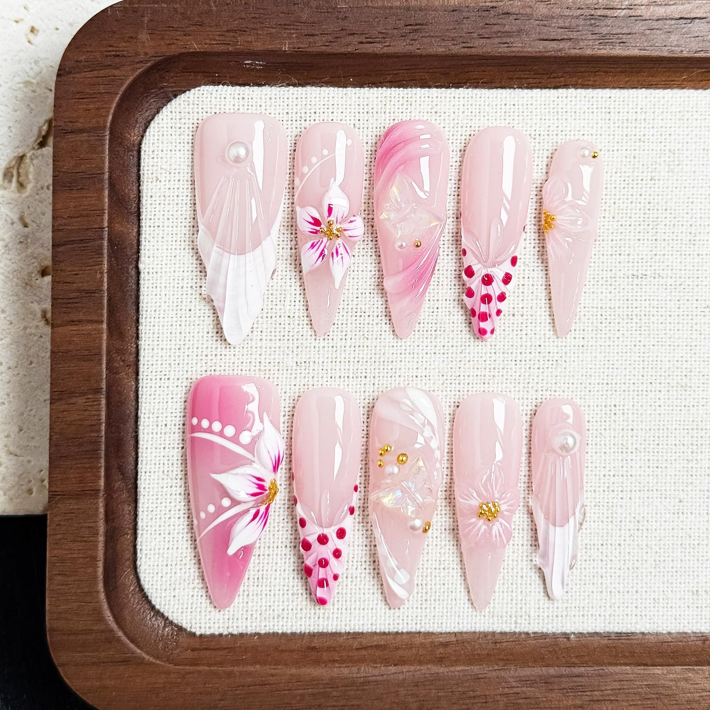 Petal Whisper 10PCS Long Pink Floral Gradient Press On Nails, 3D Flower Pearl Gold Accent Elegant Wedding Fake Nails for Women, Soft Glam Korean Style Acrylic UV Gel Press-On Nails Set (Pink, XS)