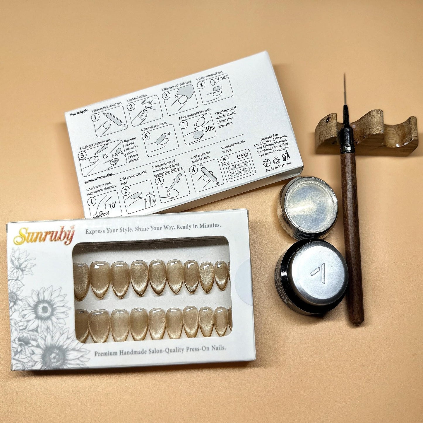 Sunruby Press On Nails Short Almond Iridescent Nude-Cat Eye with Gold Glitter French Tip | Reusable Soft Gel Nails in 12 Sizes 24 Nail Kit with Glue | Designed in L.A, Handmade in Vietnam | Golden Eye
