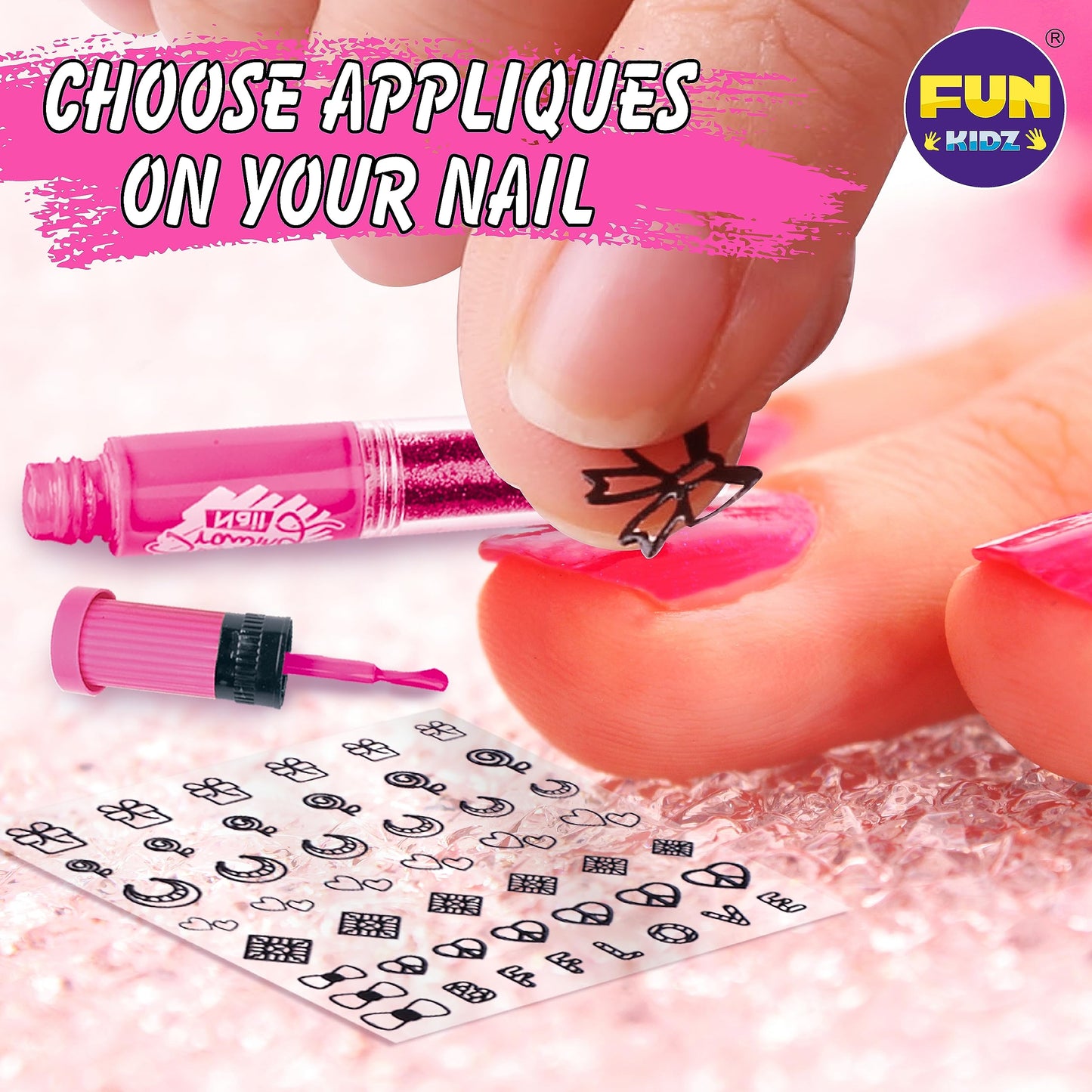 Craft Nail Pens Kit for Kids Ages 7-12, FunKidz Nail Set with Nail Polish Glitter Sticker Temporary Makeup Nails Kit for Girl Teens Party Activities Gifts