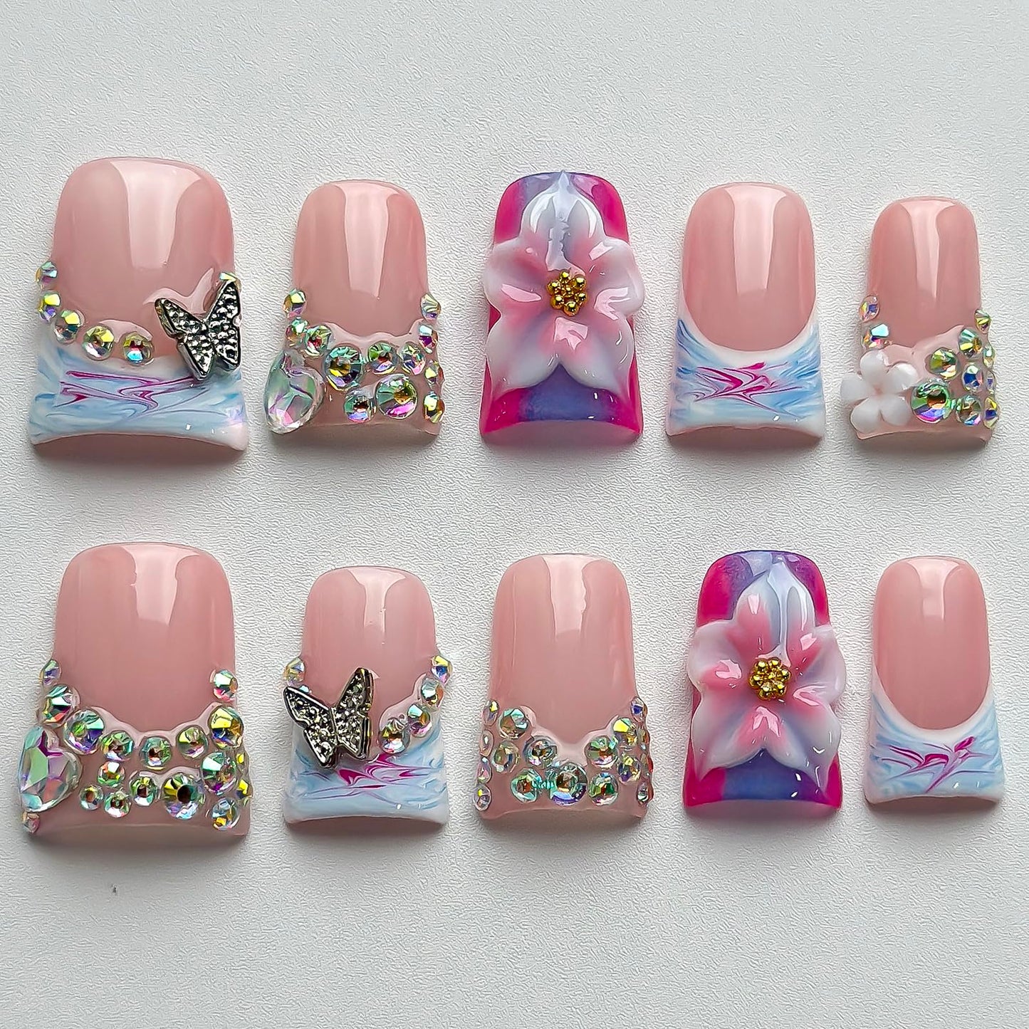 Luxury Press on Nails Short Duck Handmade 3D Unique Reusable ABS Material Fake Nails French Tip False Nails with Designs Flower Butterfly Blue Pink Glossy Glue on Nail Thick Acrylic Nail(S)