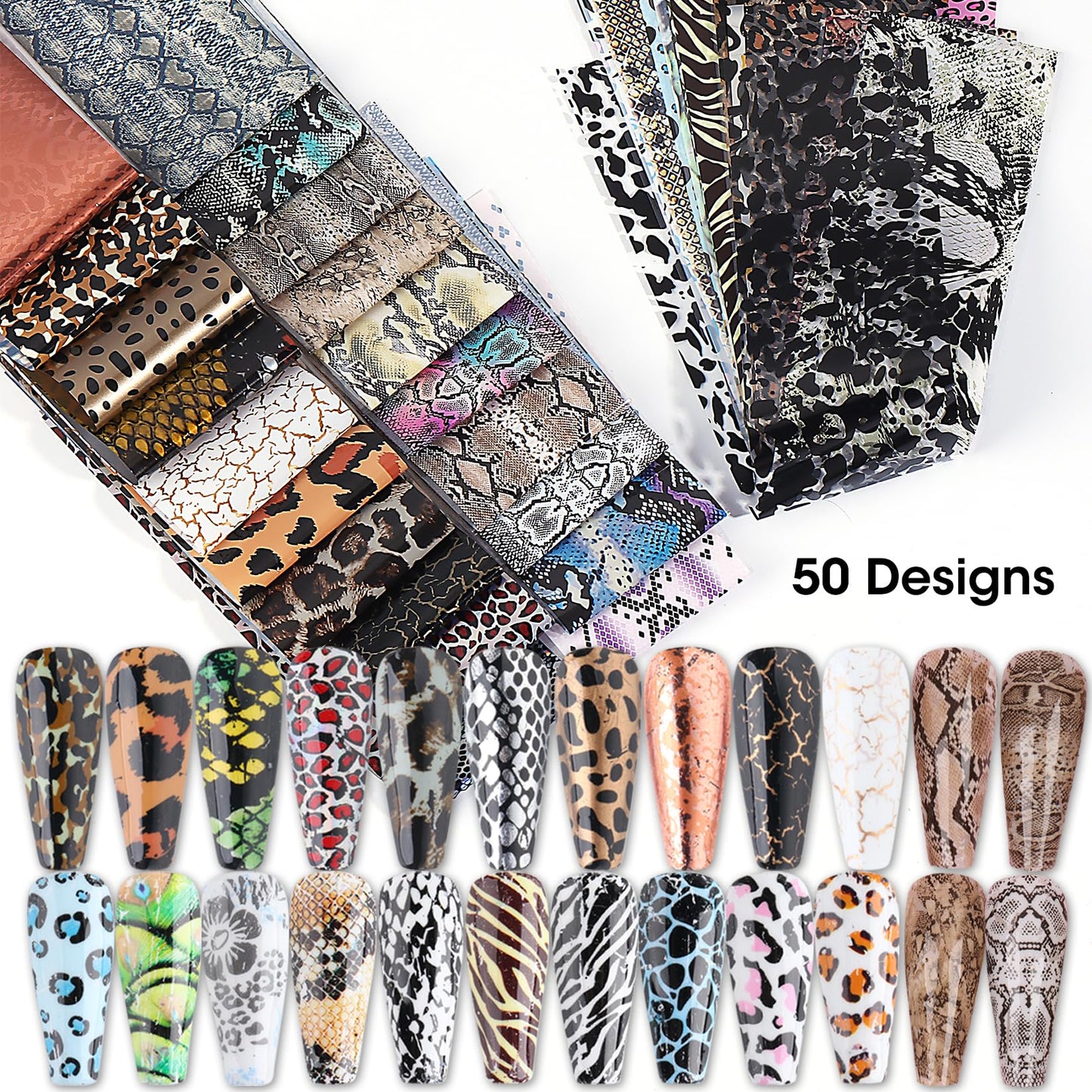Leopard Transfer Foils for Nails 50 PCS Animal Skin Nail Art Foil Stickers for Women DIY Fingernails Winter Cheetah Snake Print Starry Paper Manicure Decor Accessories for Acrylic Supplies