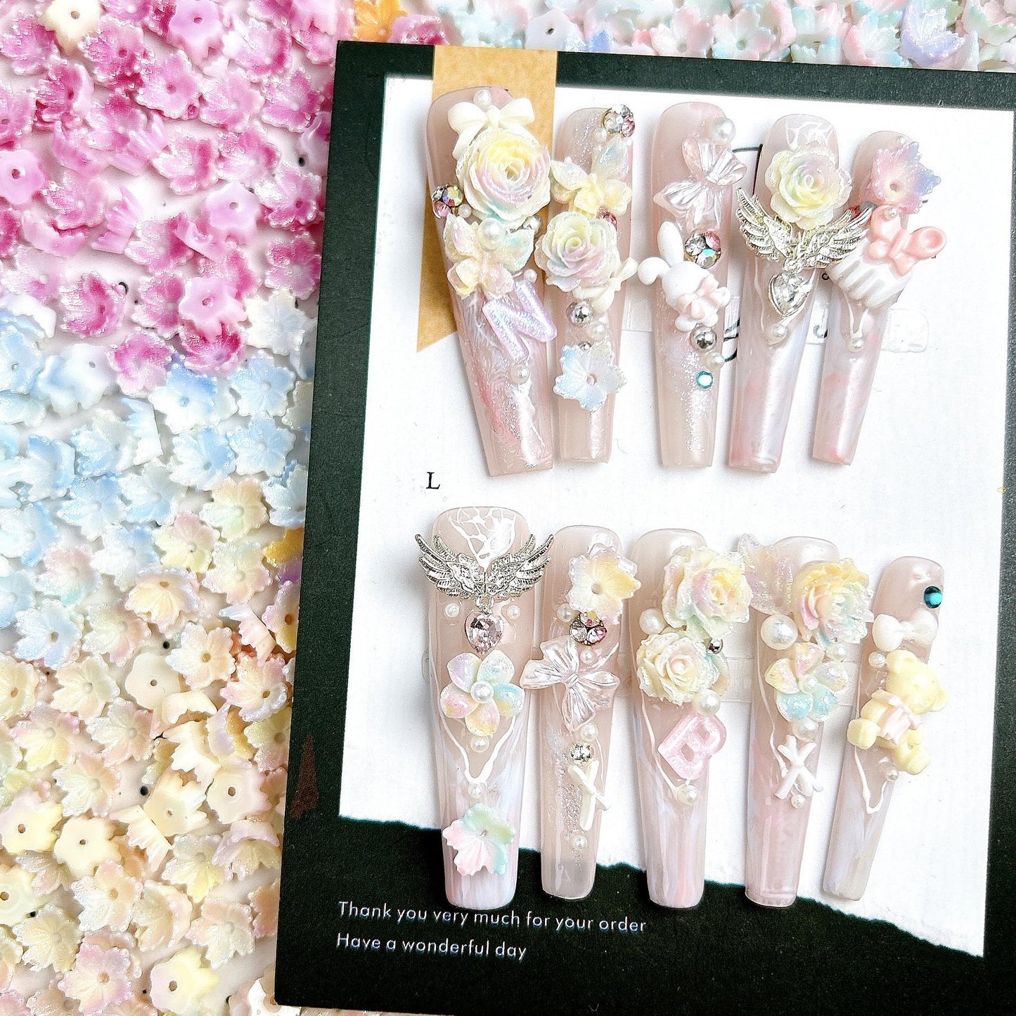 AWDSLUY 200Pcs Colorful Flower Nail Art Charms Cute Spring Summer Floral Nail Charms 3D Mix Color Ombre Flatback Nail Rhinestones Cute Glow in The Dark Blossoms Resin Nails Jewels Nail Gems for Women